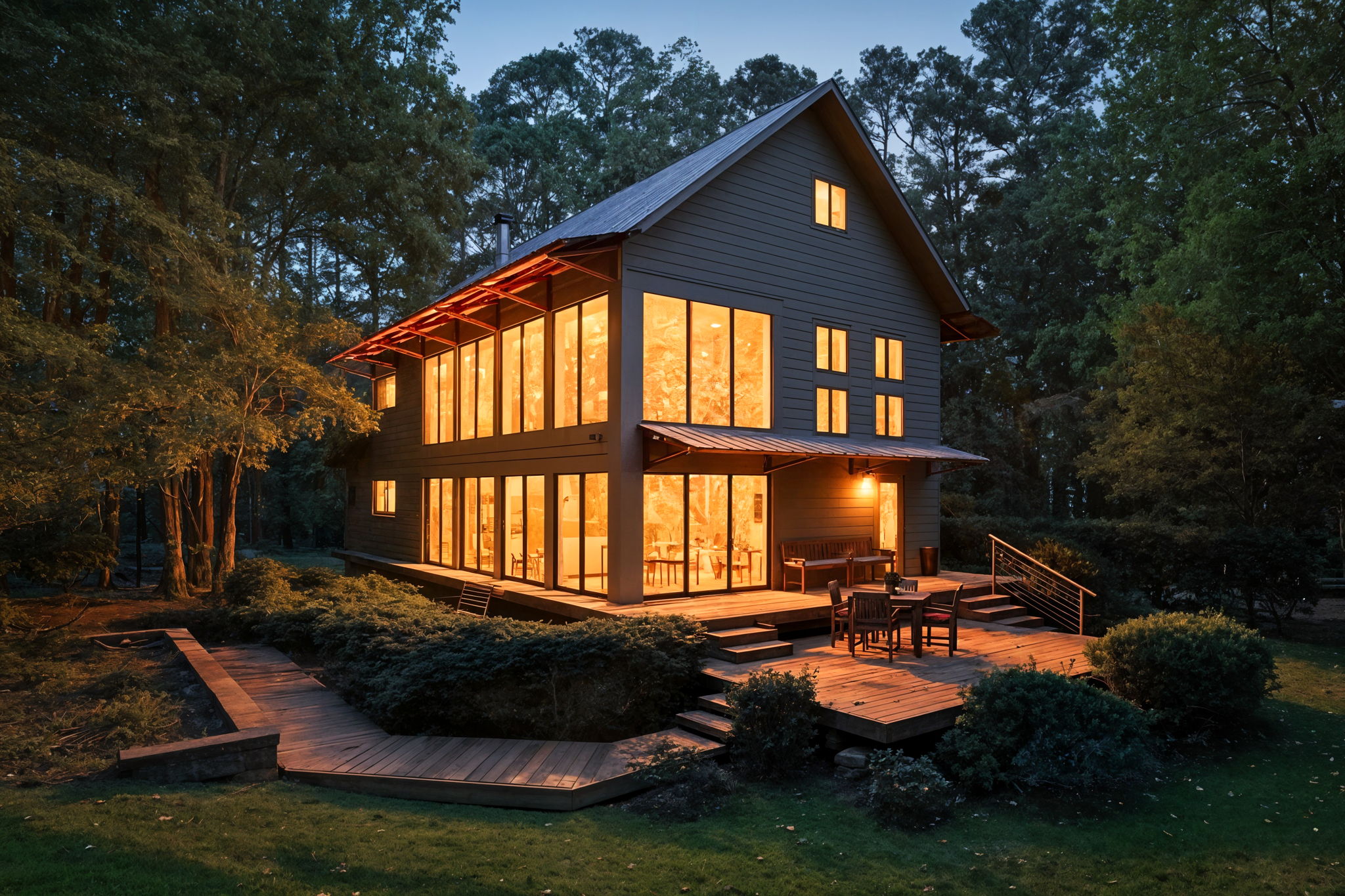 A two-story house with large windows, surrounded by trees and a wooden deck, illuminated at dusk.