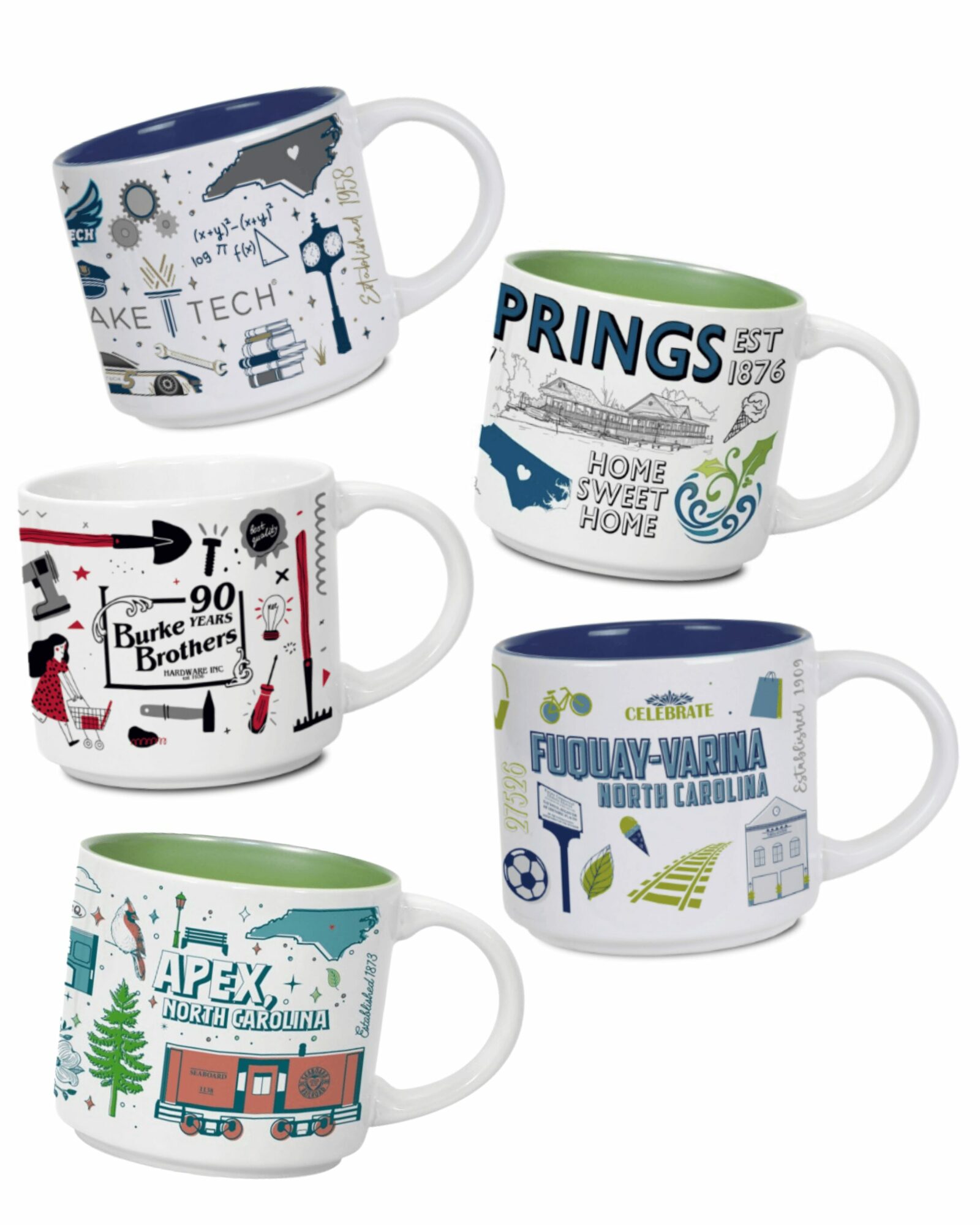 Five coffee mugs with various designs and text, stacked and arranged on a white background.