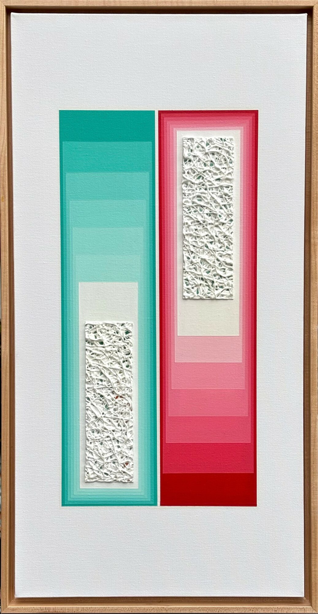 Two vertical color gradient bars with textured white sections inside a wooden frame.