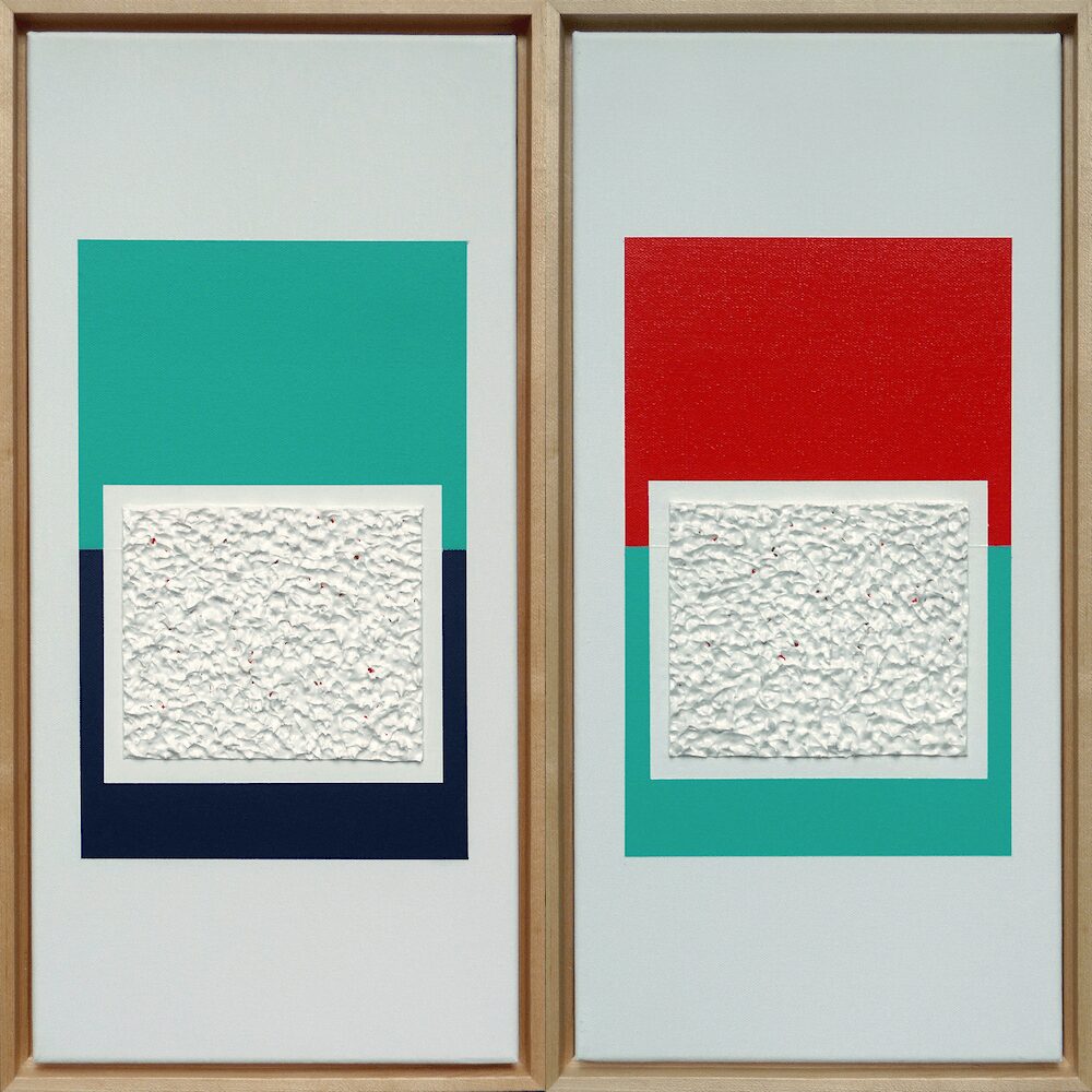 Two framed abstract artworks with colored blocks and textured white rectangles, side by side, on a white background.