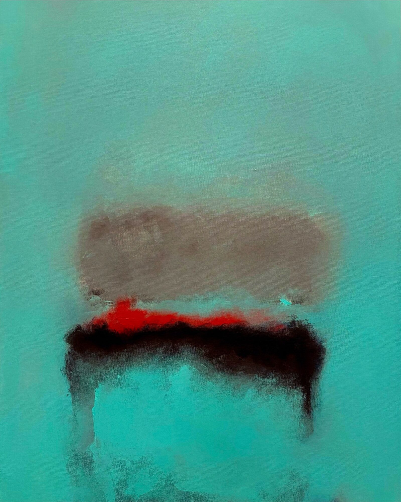 Abstract painting with a turquoise background, a grayish-brown shape, and red and black horizontal streaks.