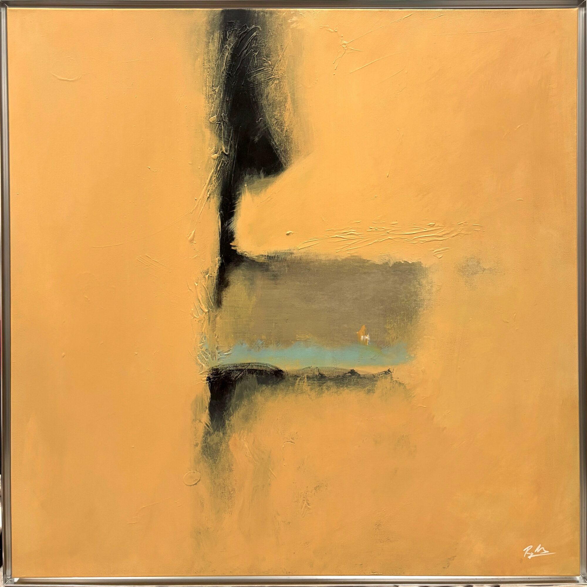 Abstract painting with black, gray, and blue shapes on a yellow-orange background.