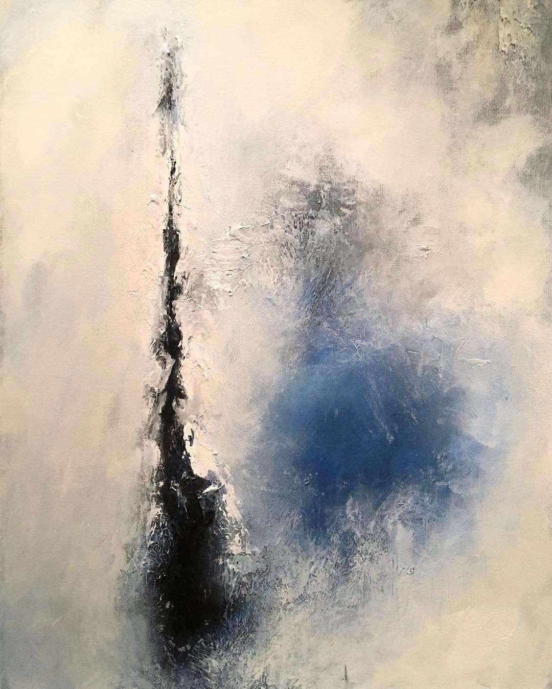 Abstract painting with a vertical black streak and a blue cloud-like shape on a light background.