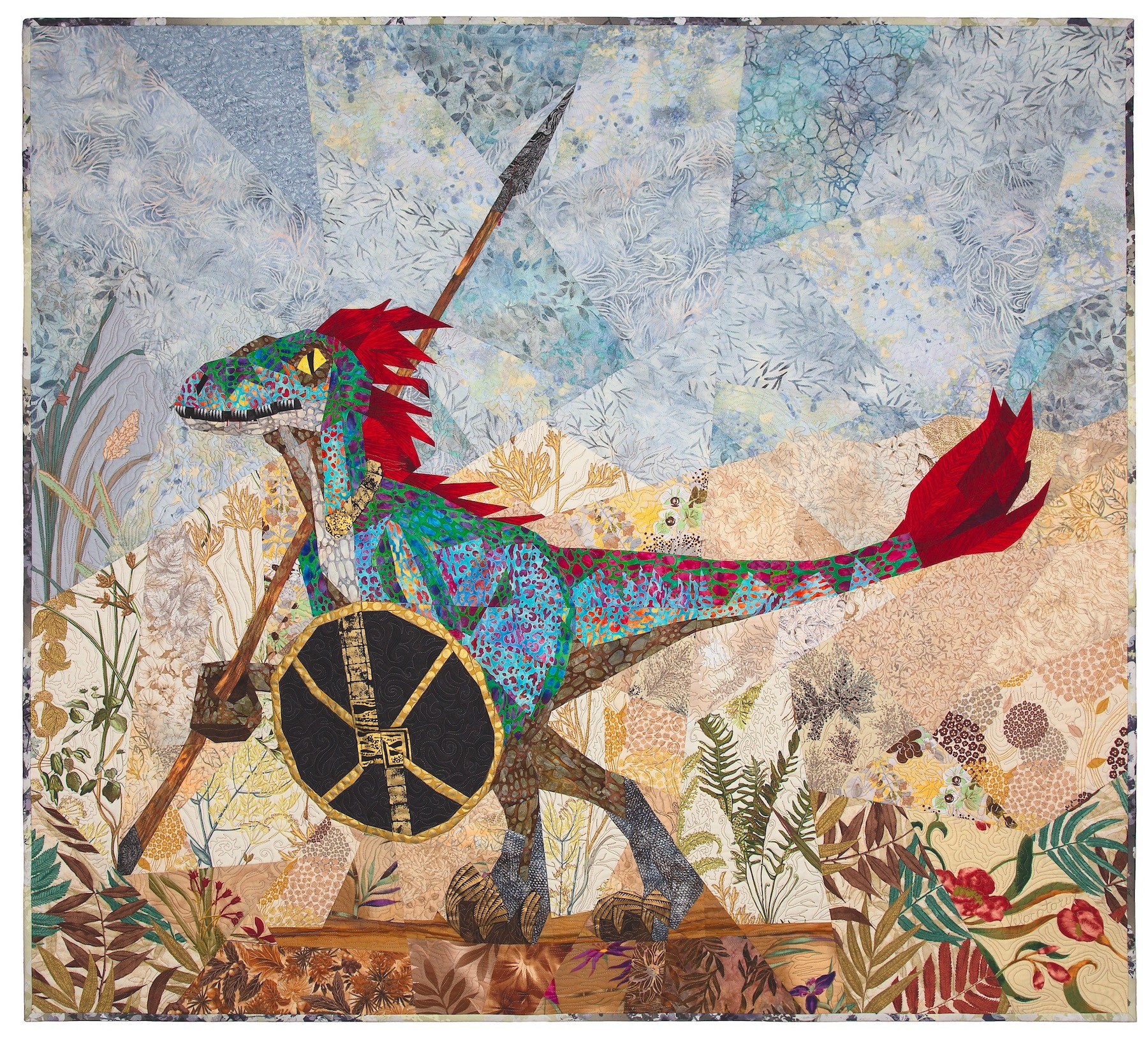 Colorful mosaic dinosaur with a shield and spear in a natural landscape, background of mountains and plants.