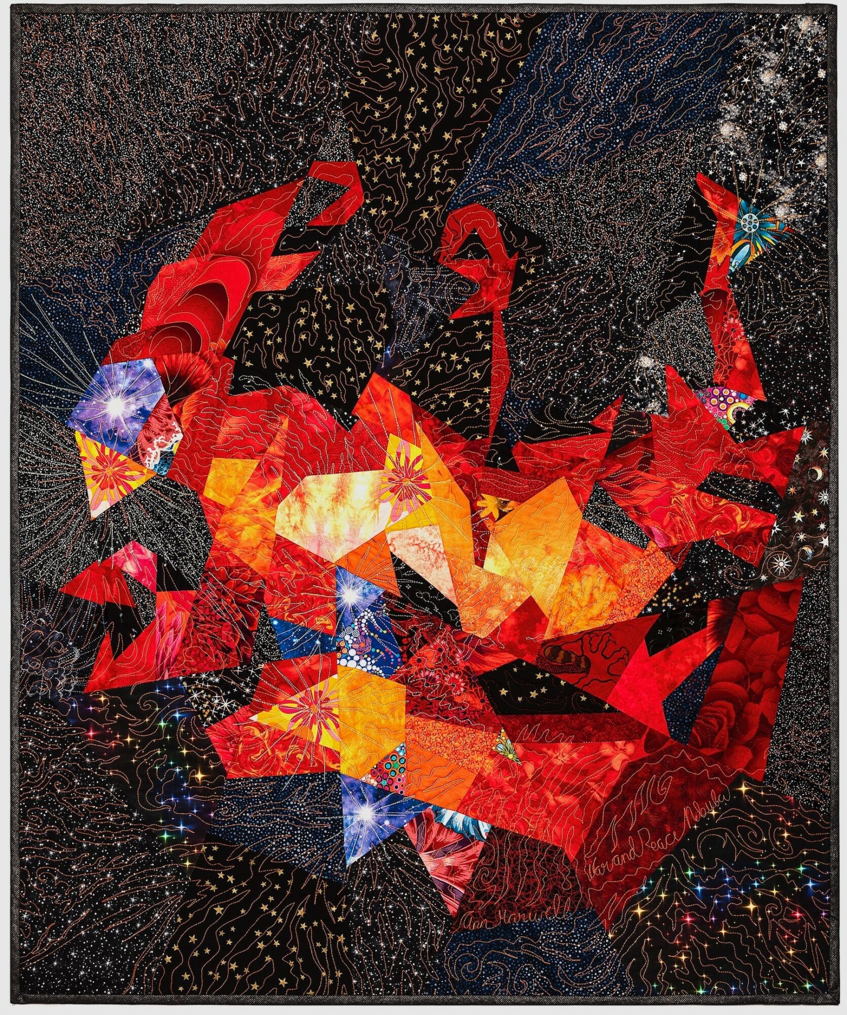 Abstract artwork with red, orange, and yellow shapes on a dark background with star-like details.
