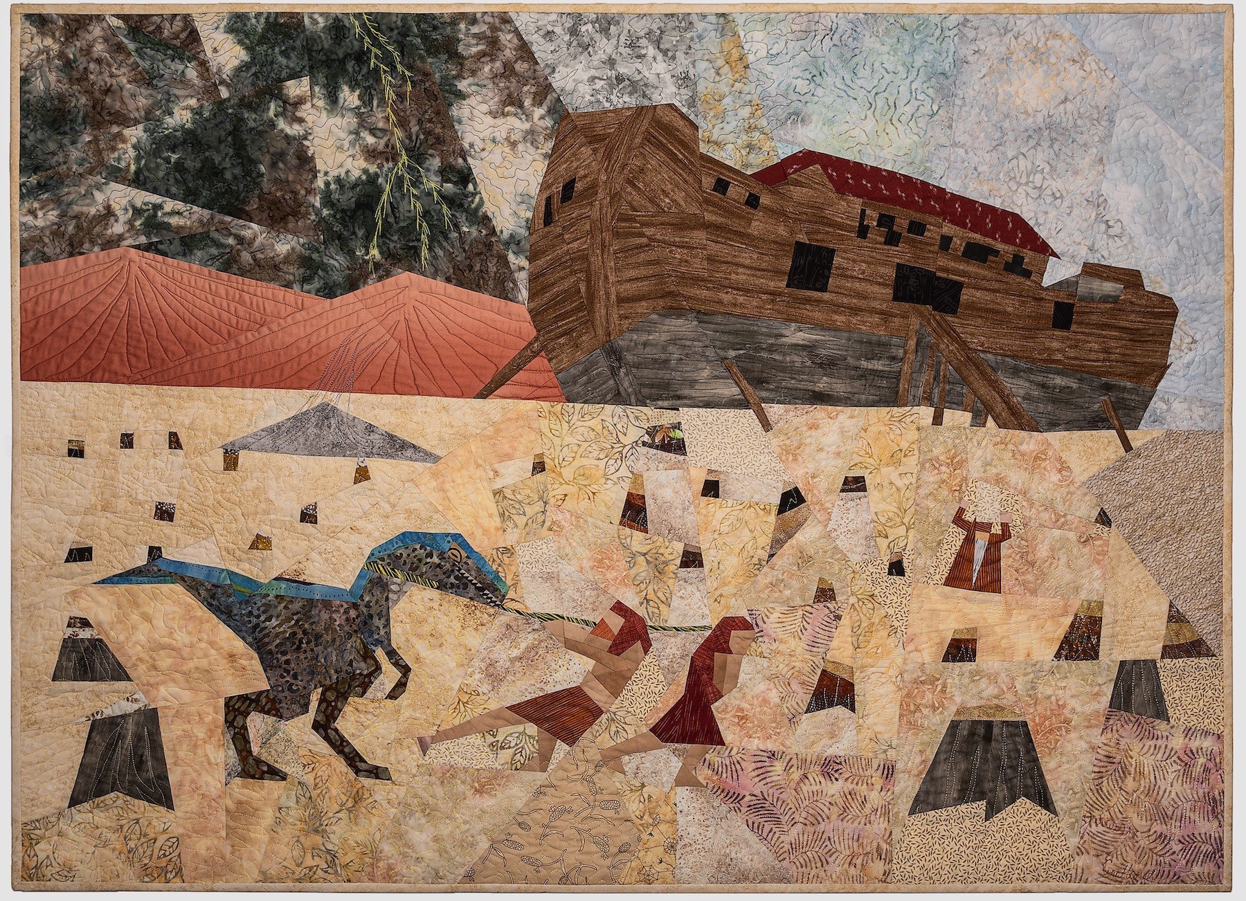 A mosaic artwork depicting a shipwreck with a large wooden ship and a horse, set against a rocky background.