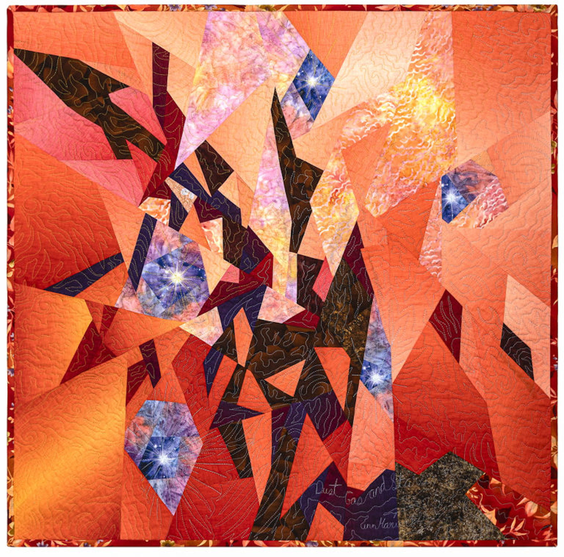 Abstract geometric artwork with orange, pink, black, and blue shapes, resembling a stylized figure or creature.