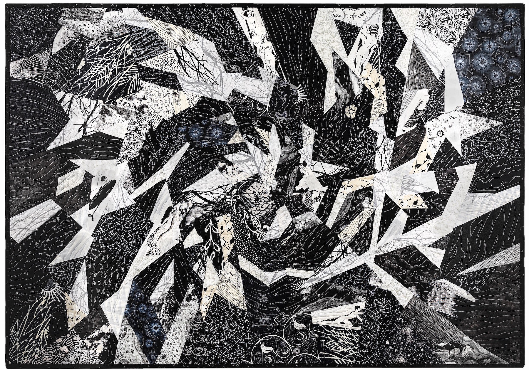 Abstract black and white collage with various geometric shapes and patterns, creating a complex, layered composition.