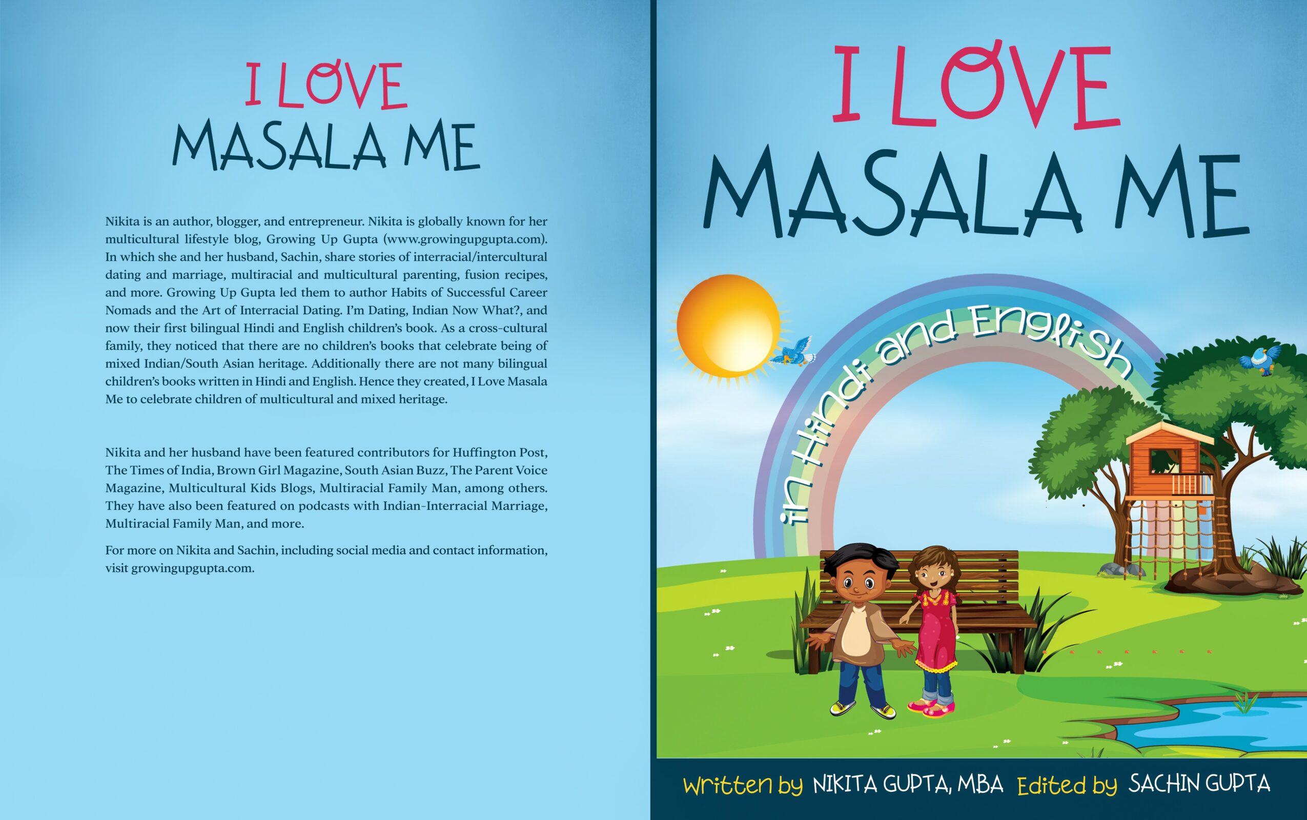 Book cover with a park scene, children, tree, house, and rainbow, titled 'I Love Masala Me' by Nikita Gupta M.A., edited by Sachin Gupta.