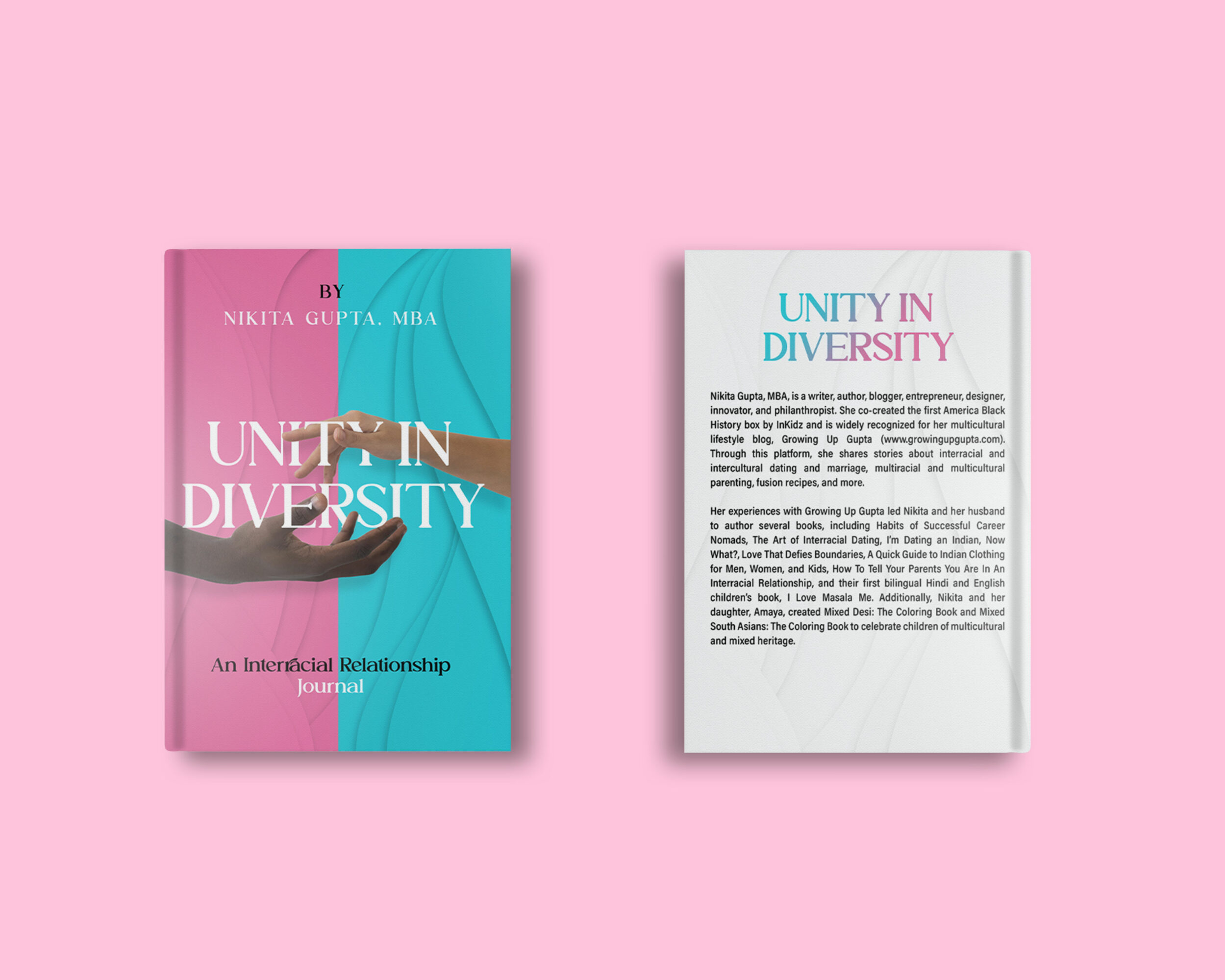 Open book showing pages with text and colorful title, placed on pink background.