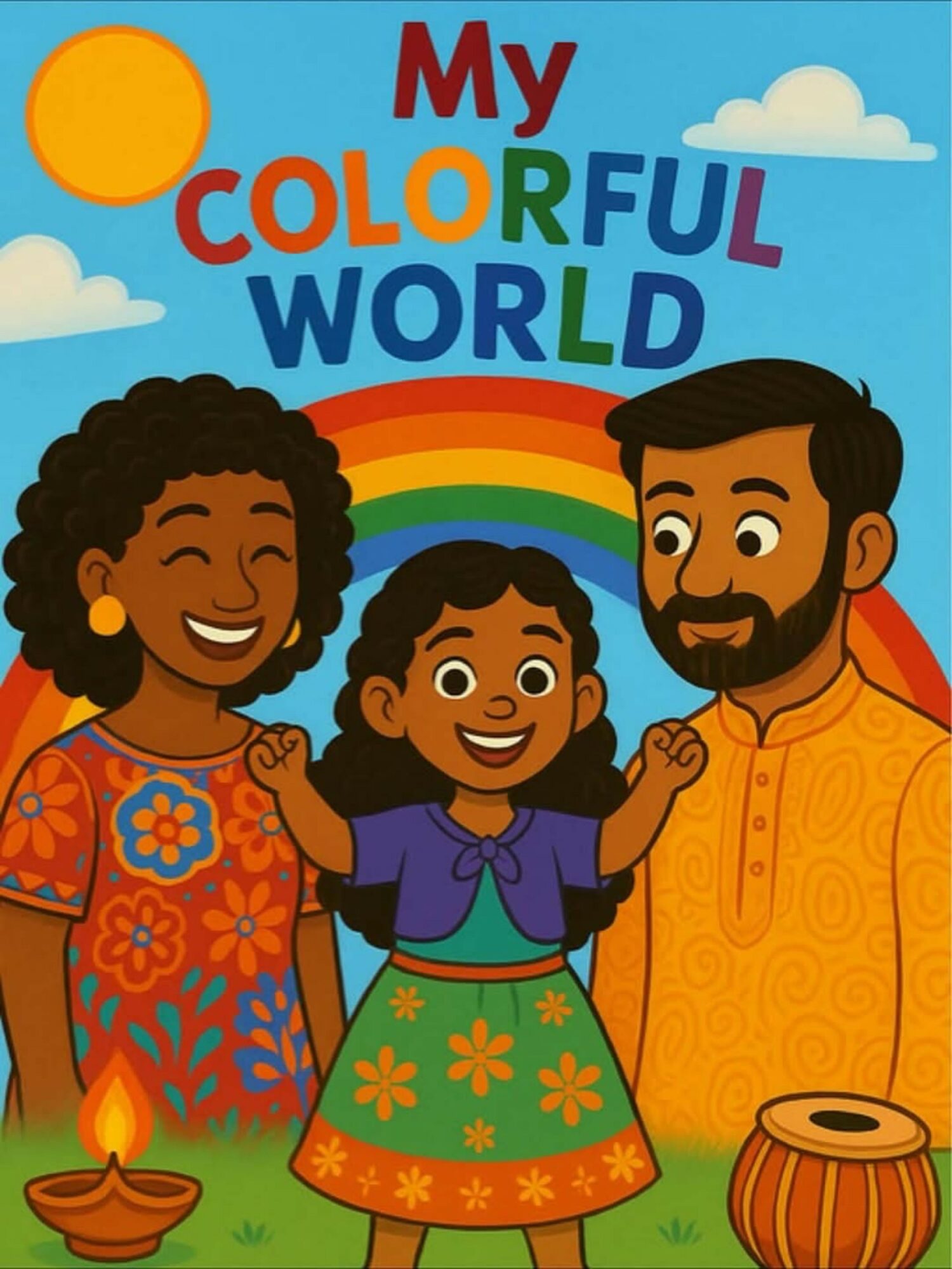 Three smiling people, a woman, a girl, and a man, stand outdoors with a rainbow and sun in the background.