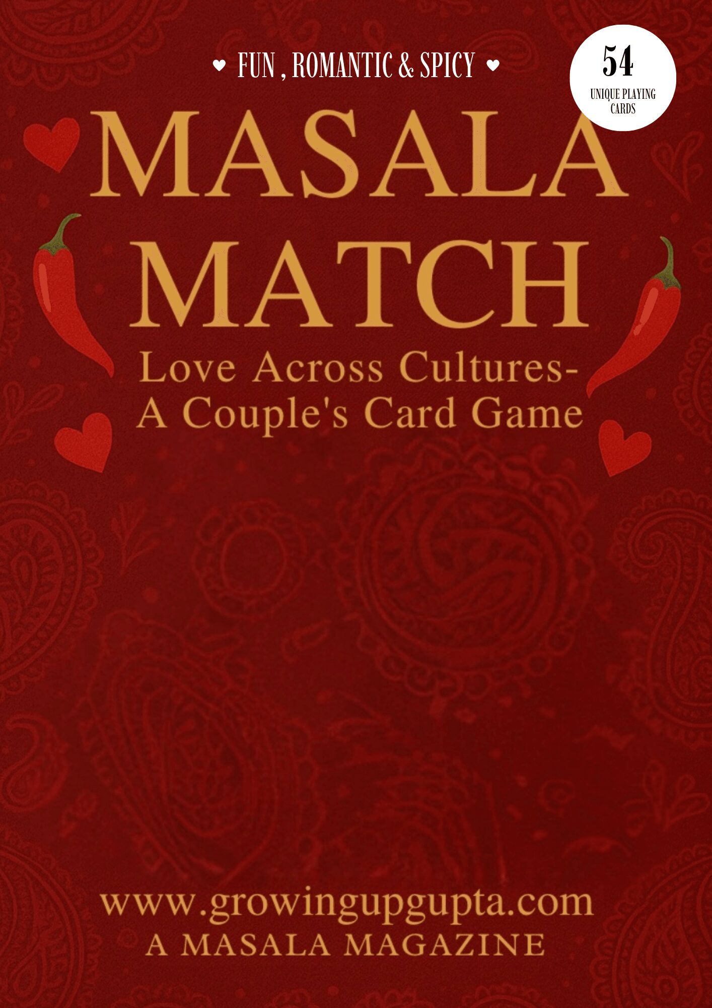 Red card with hearts and chili peppers, text about Masala Match card game, website, and magazine name.