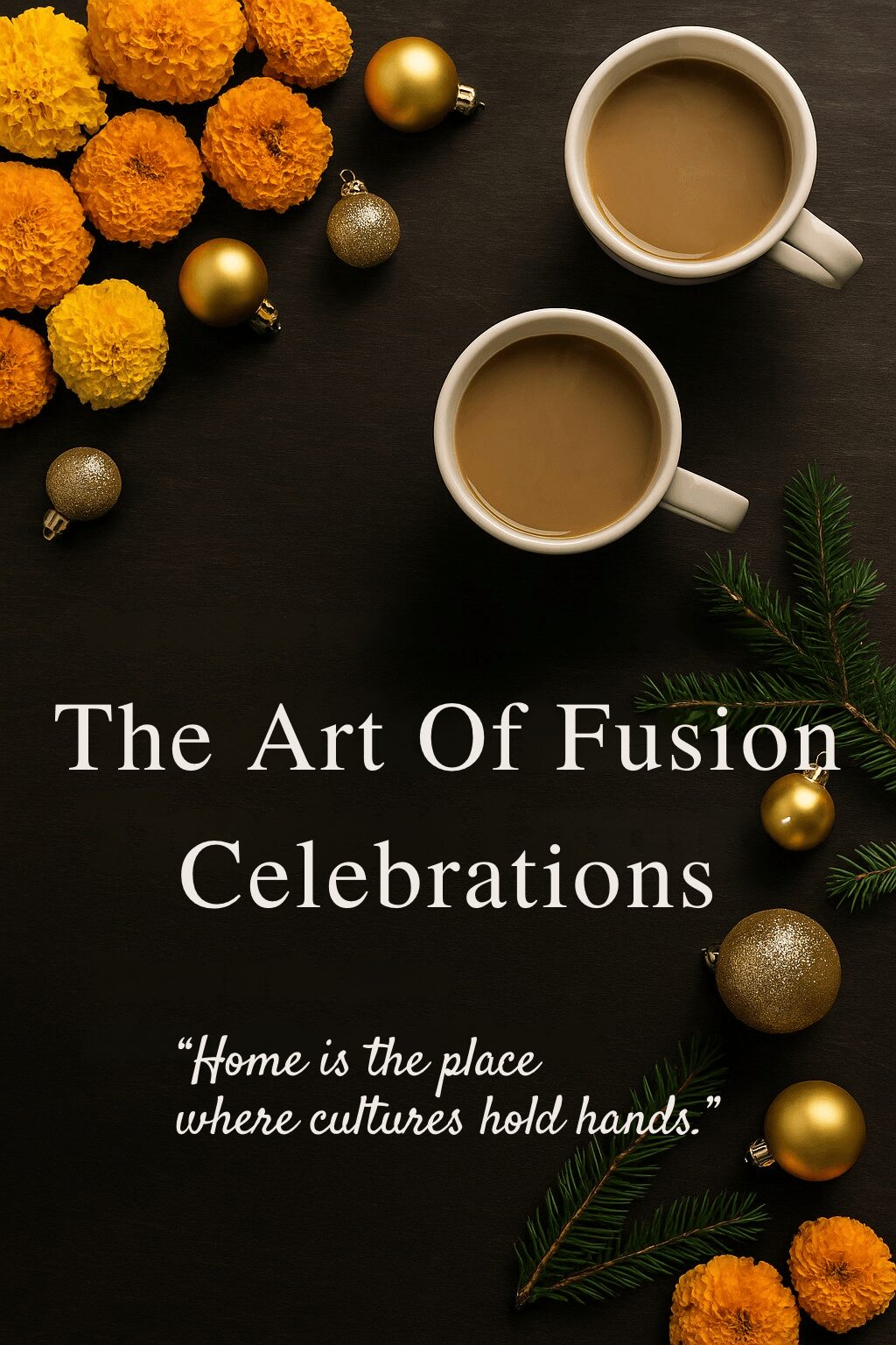 Two cups of coffee, orange flowers, and gold ornaments on a dark surface with green leaves, celebrating fusion and culture.