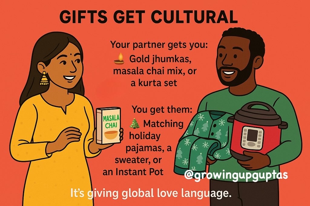 A woman and man smiling, holding gifts, with text about cultural gifts and holiday pajamas, on an orange background.
