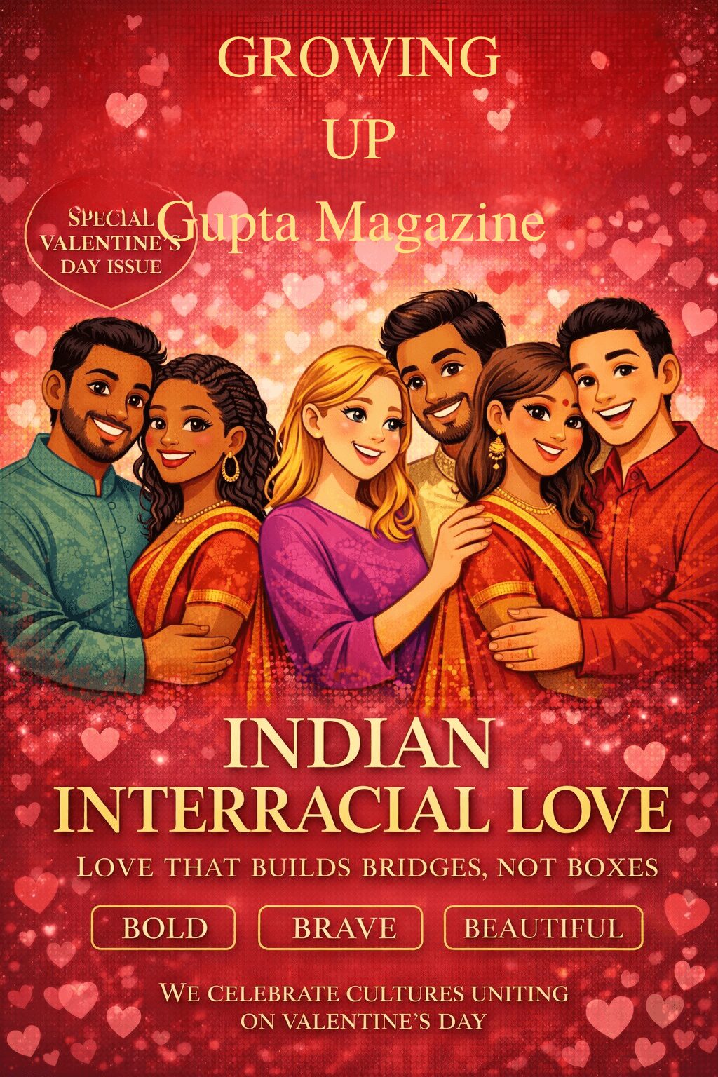 Group of six diverse people smiling with hearts and Valentine's Day theme background.