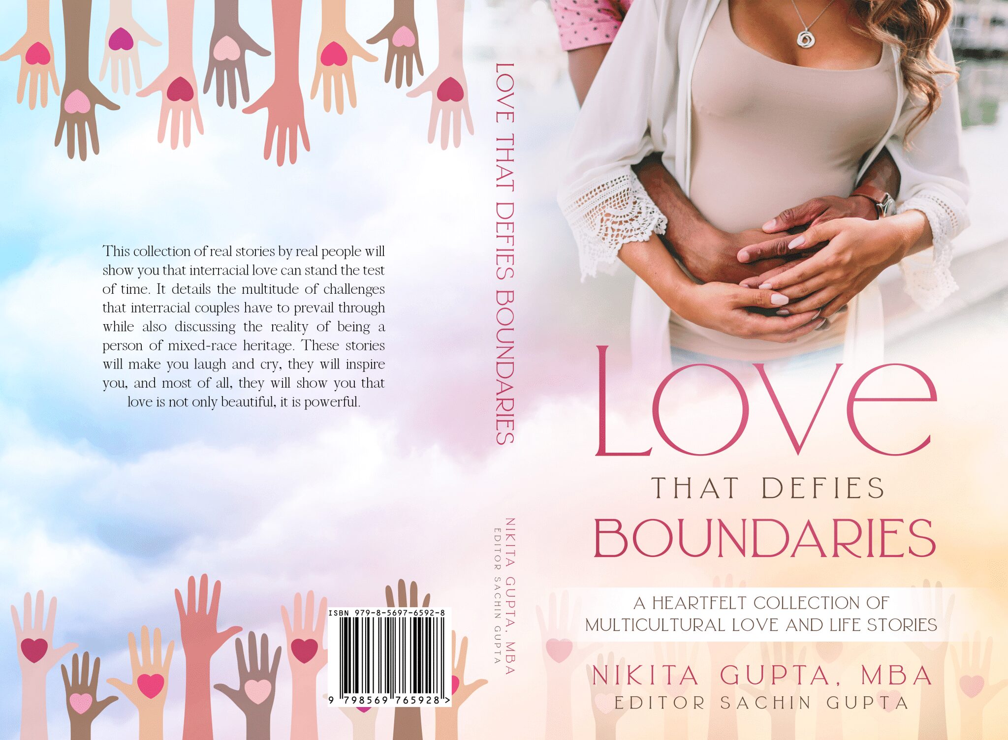Close-up of a woman with hands on her belly, wearing a white top and pink skirt, with a background of colorful handprints. Title: Love that defies boundaries.