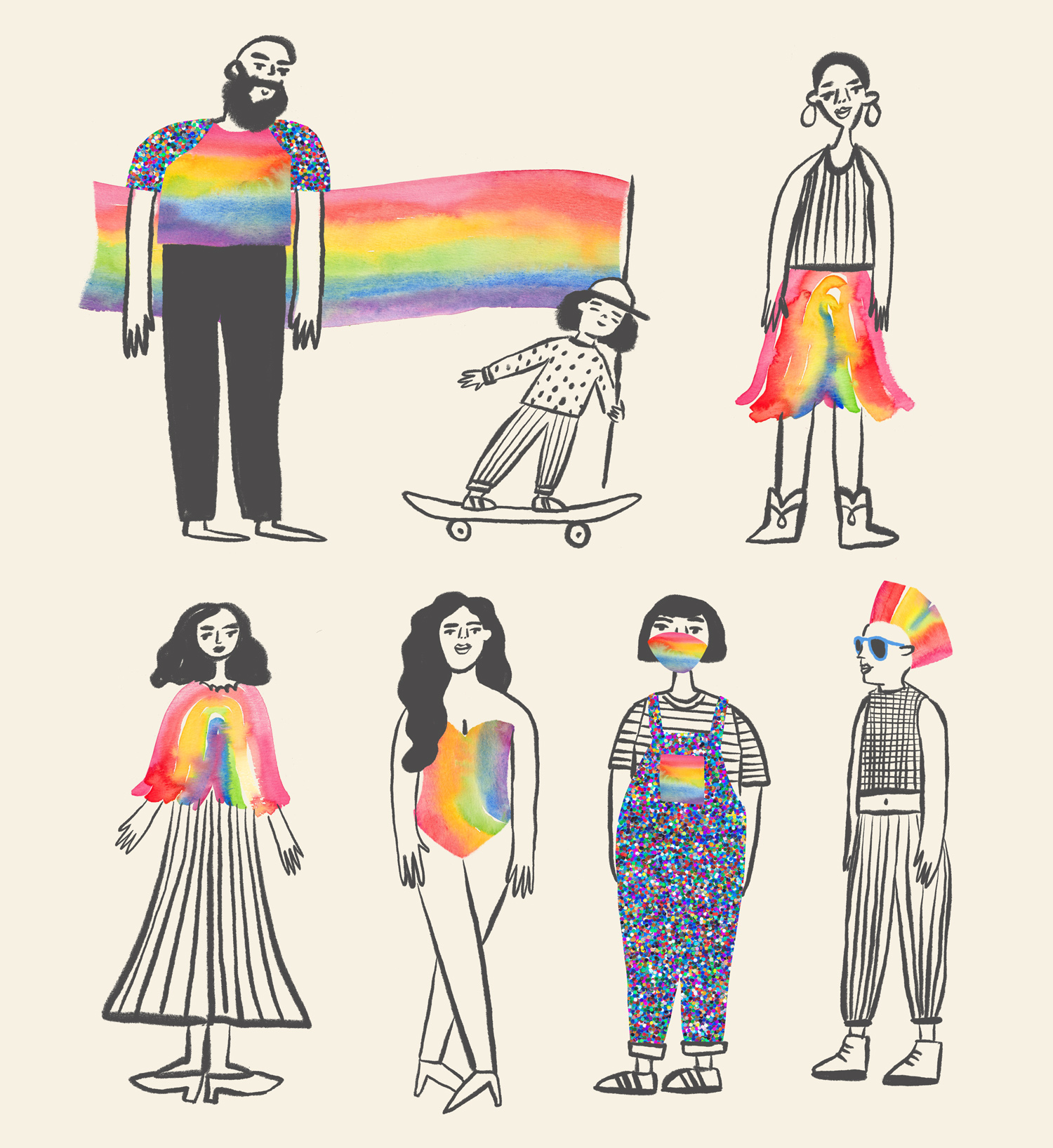 Group of eight illustrated people, some with rainbow-colored clothing and accessories, standing or skateboarding, on a white background.