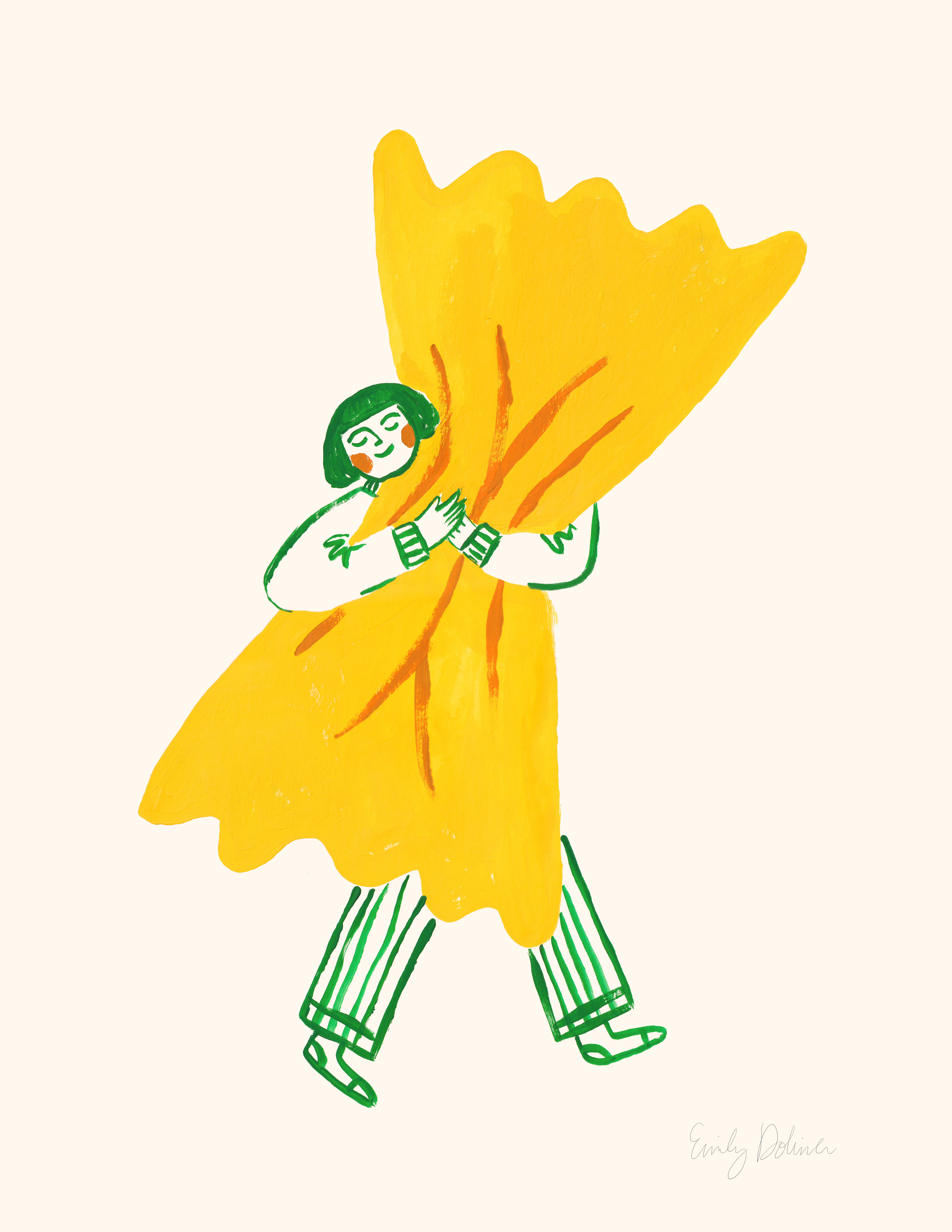 Person with green hair and glasses holding a large yellow object, wearing striped pants and a white top.