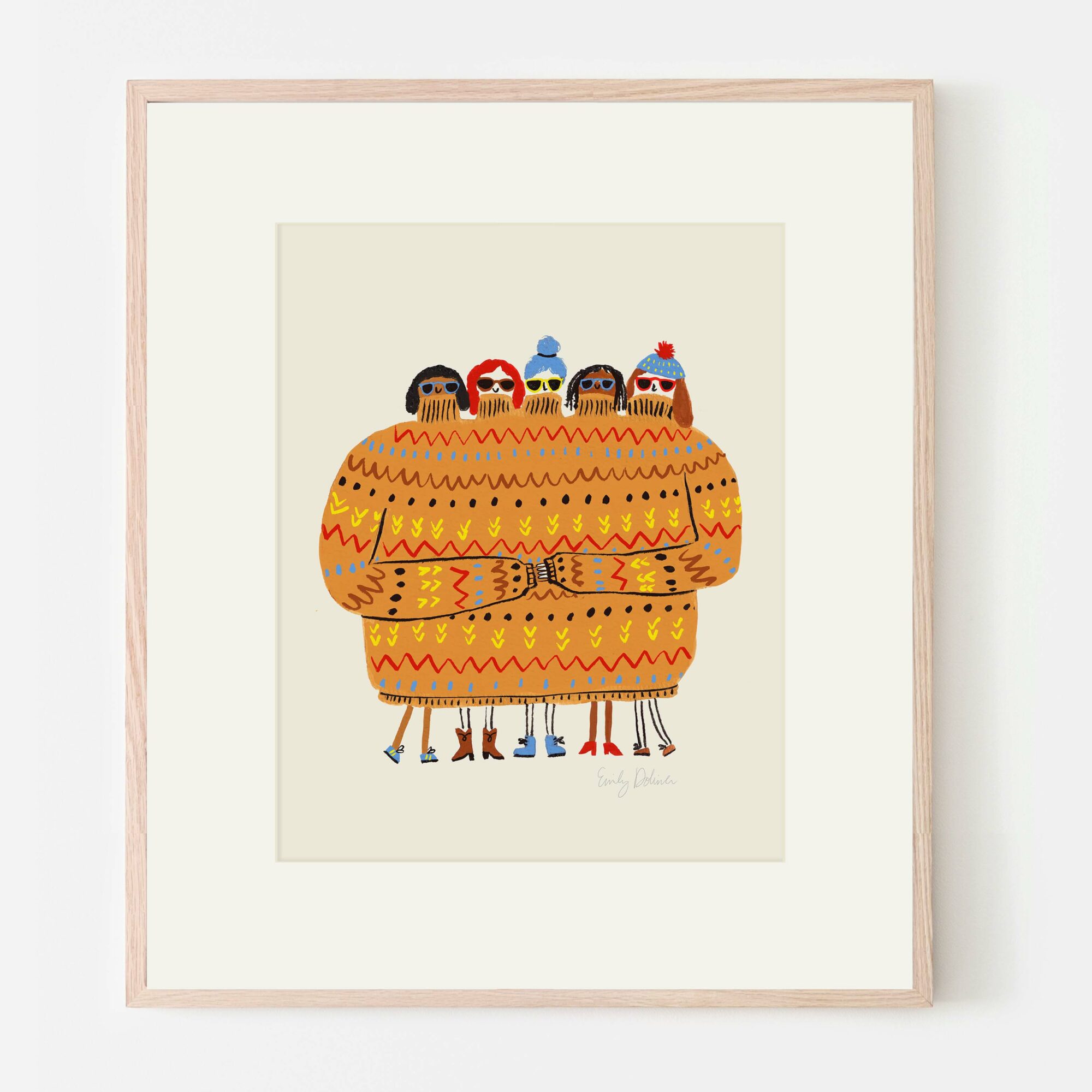 Framed illustration of five people in colorful, patterned clothing, standing close together, with a plain background.