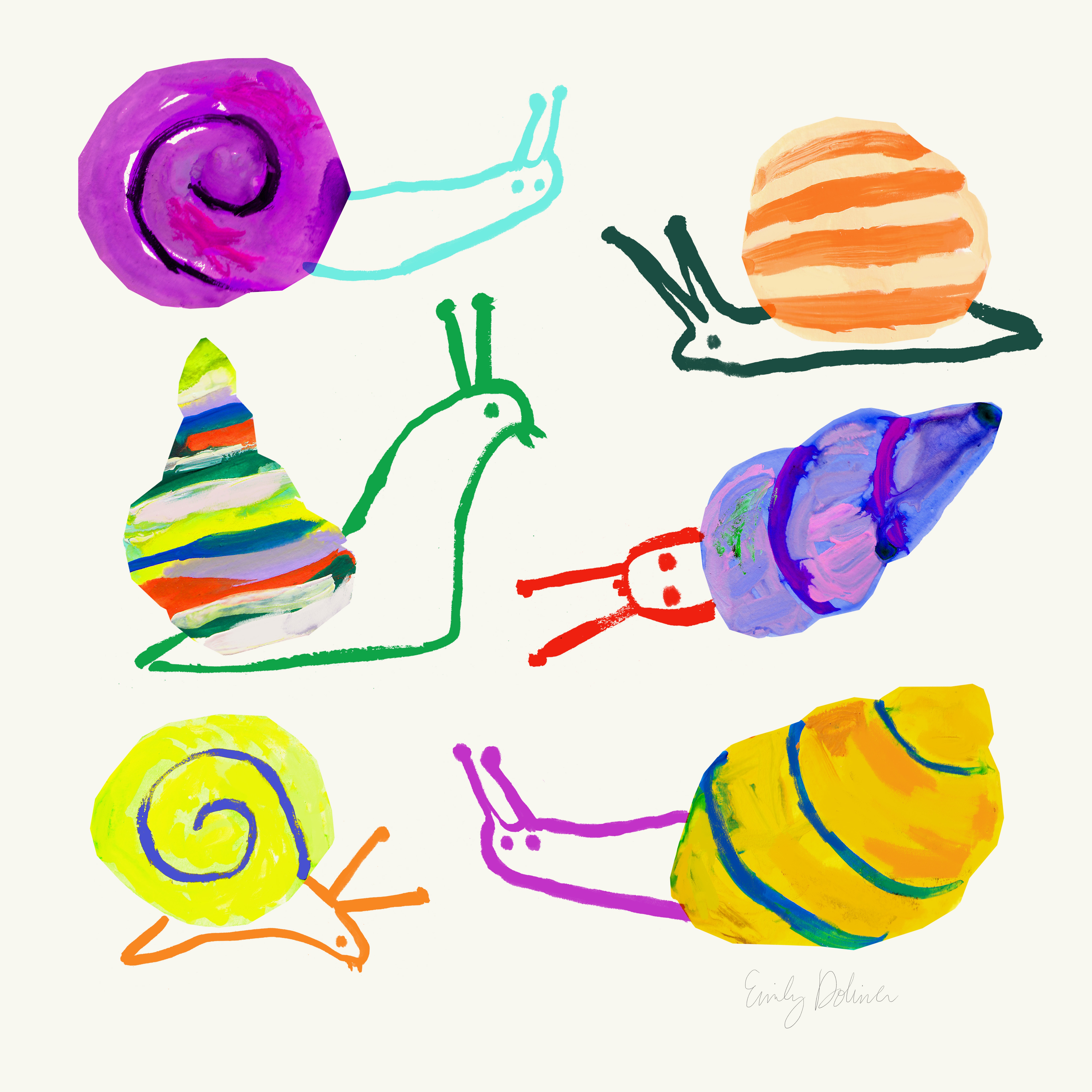 Six colorful snails with different shell patterns and colors on a white background.