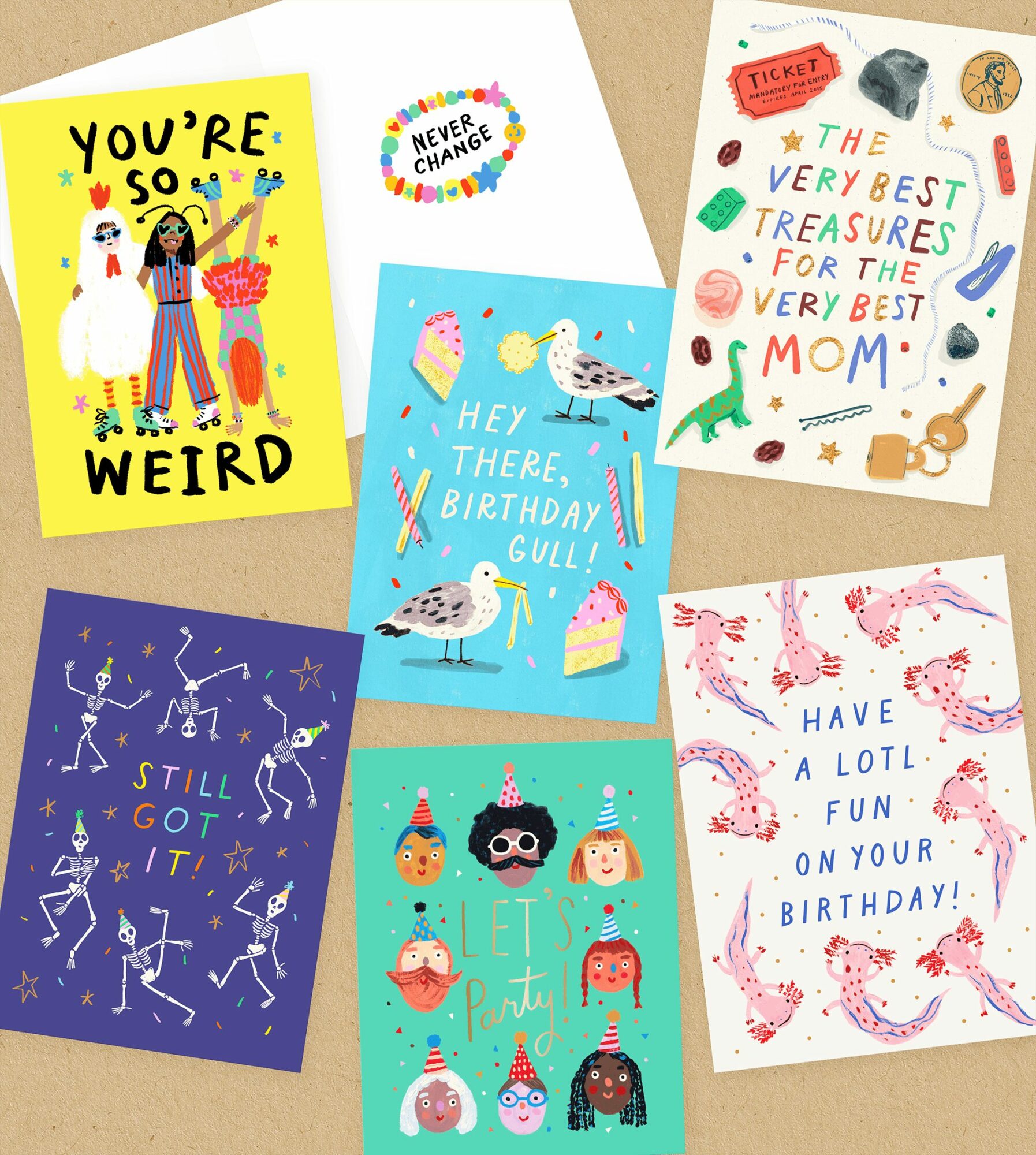 Collection of colorful birthday and celebration cards with illustrations and messages, including a girl with a cake, animals, and constellations.