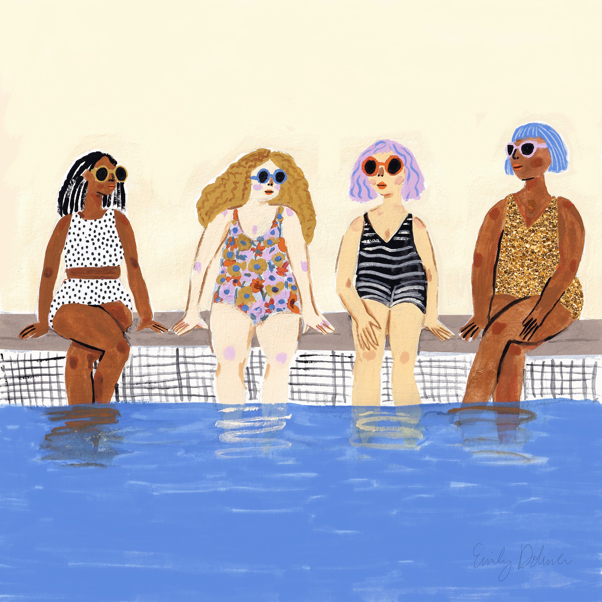 Four women in swimsuits sitting on a poolside ledge with water in the foreground, wearing sunglasses and colorful clothing.