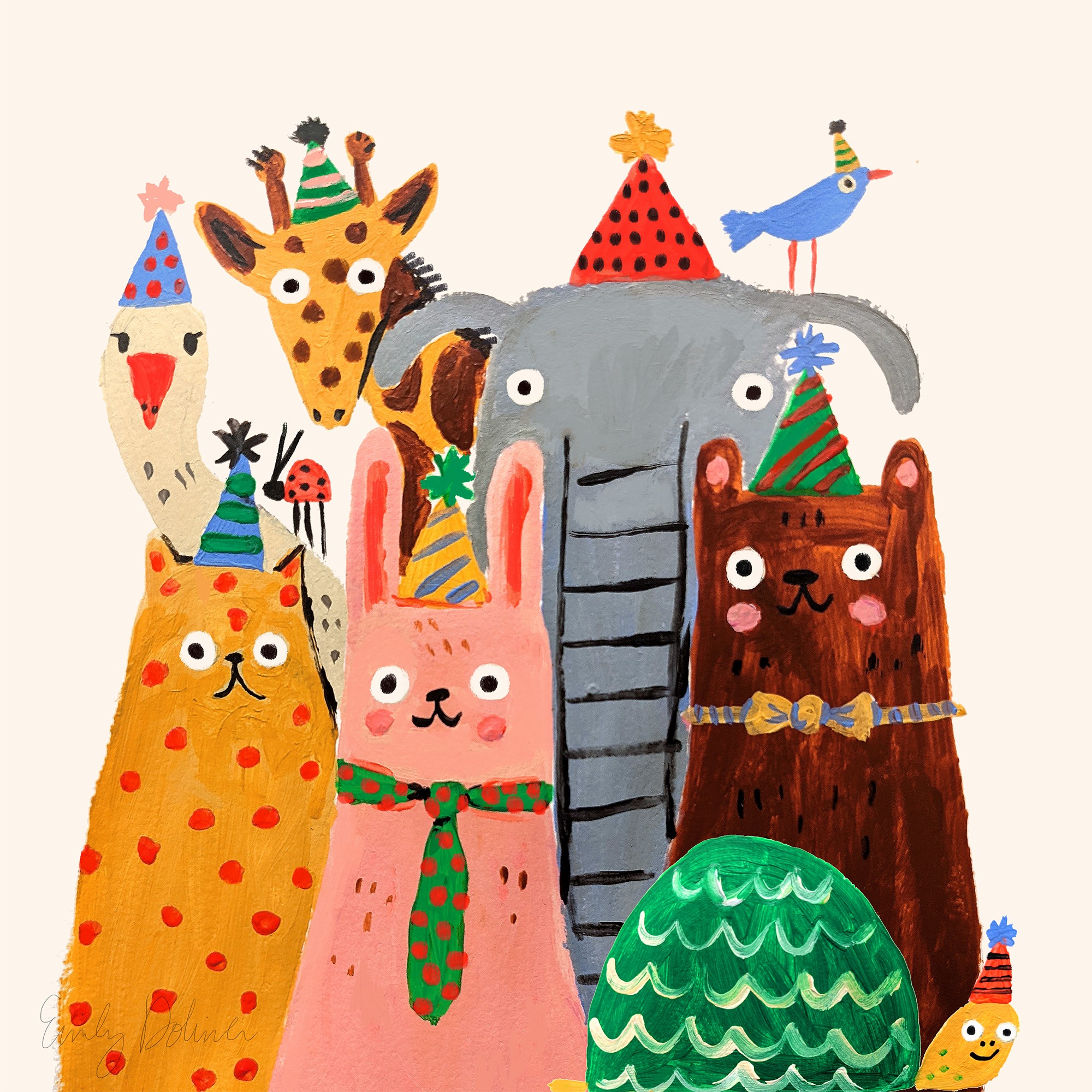 Colorful cartoon animals including a giraffe, elephant, bear, rabbit, and bird, wearing party hats and accessories, celebrating together.