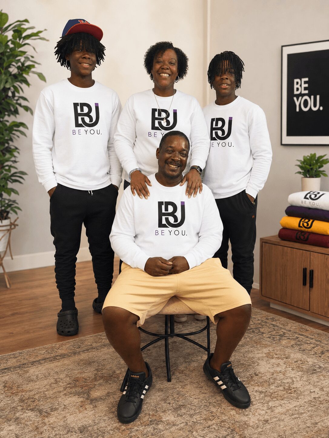 Group of five people wearing matching white shirts with a logo, smiling indoors, with a plant and framed quote in the background.