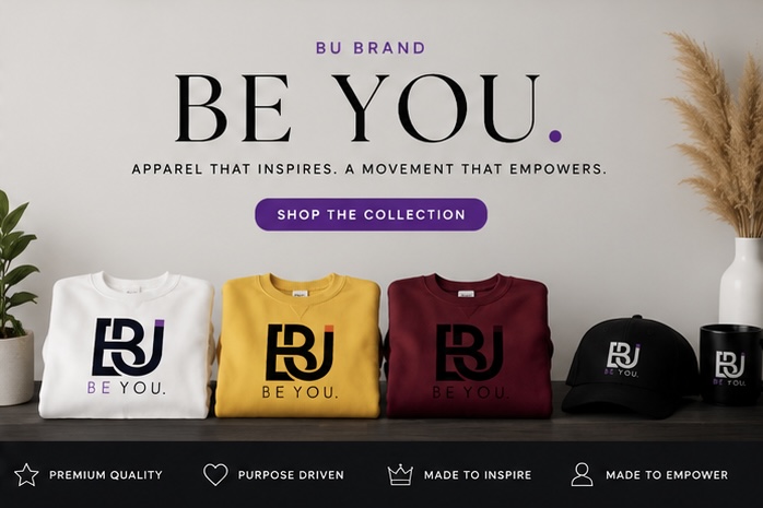 Display with three folded T-shirts and two caps, featuring a logo and text, against a plain background with decorative plants.