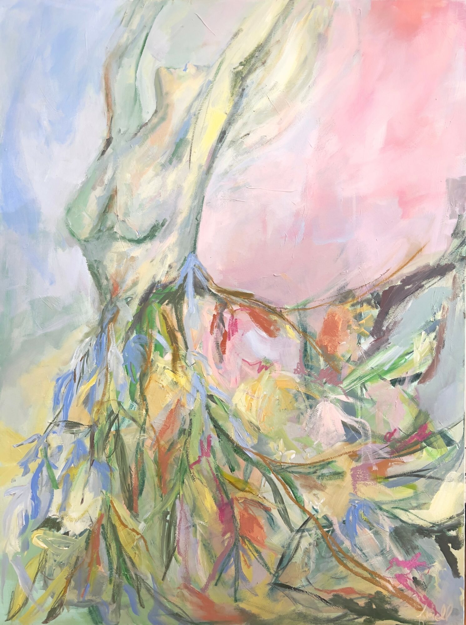 Abstract painting of a tree with colorful branches and a pink background, featuring a partially visible trunk and foliage.
