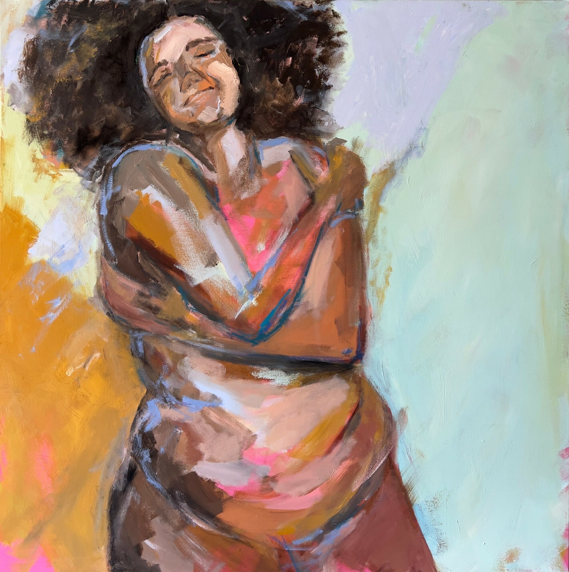 A joyful woman with curly hair smiling, hugging herself, painted with vibrant colors and expressive brushstrokes.