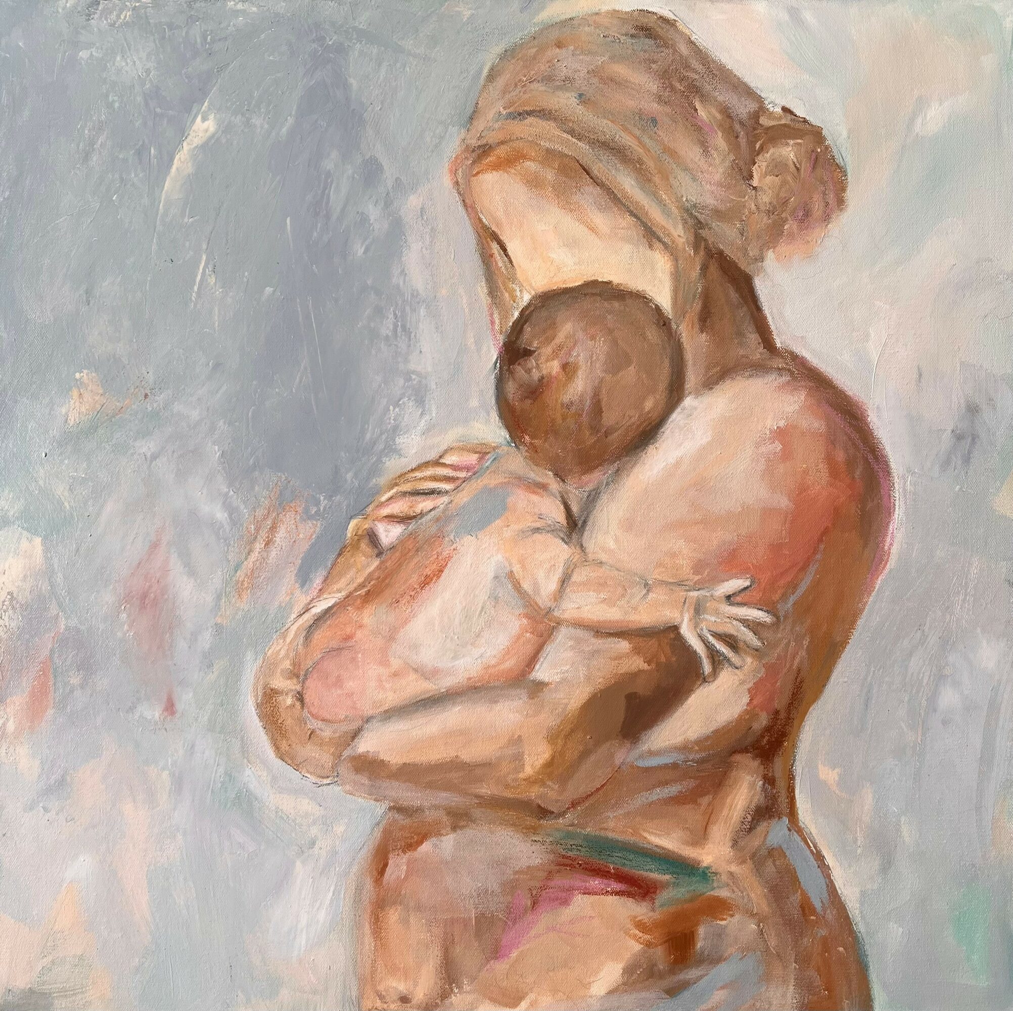 A woman holding a baby close to her chest, with her face turned away, in a soft, impressionistic style.
