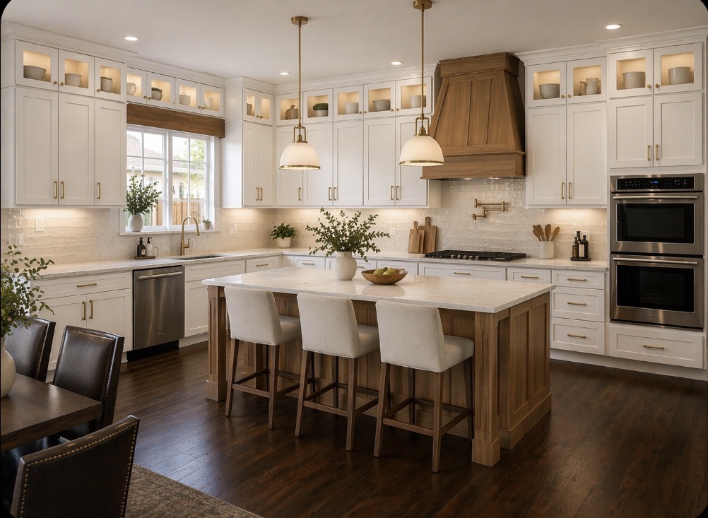 Modern kitchen with white cabinets, central island with seating, pendant lights, and dark hardwood floors.