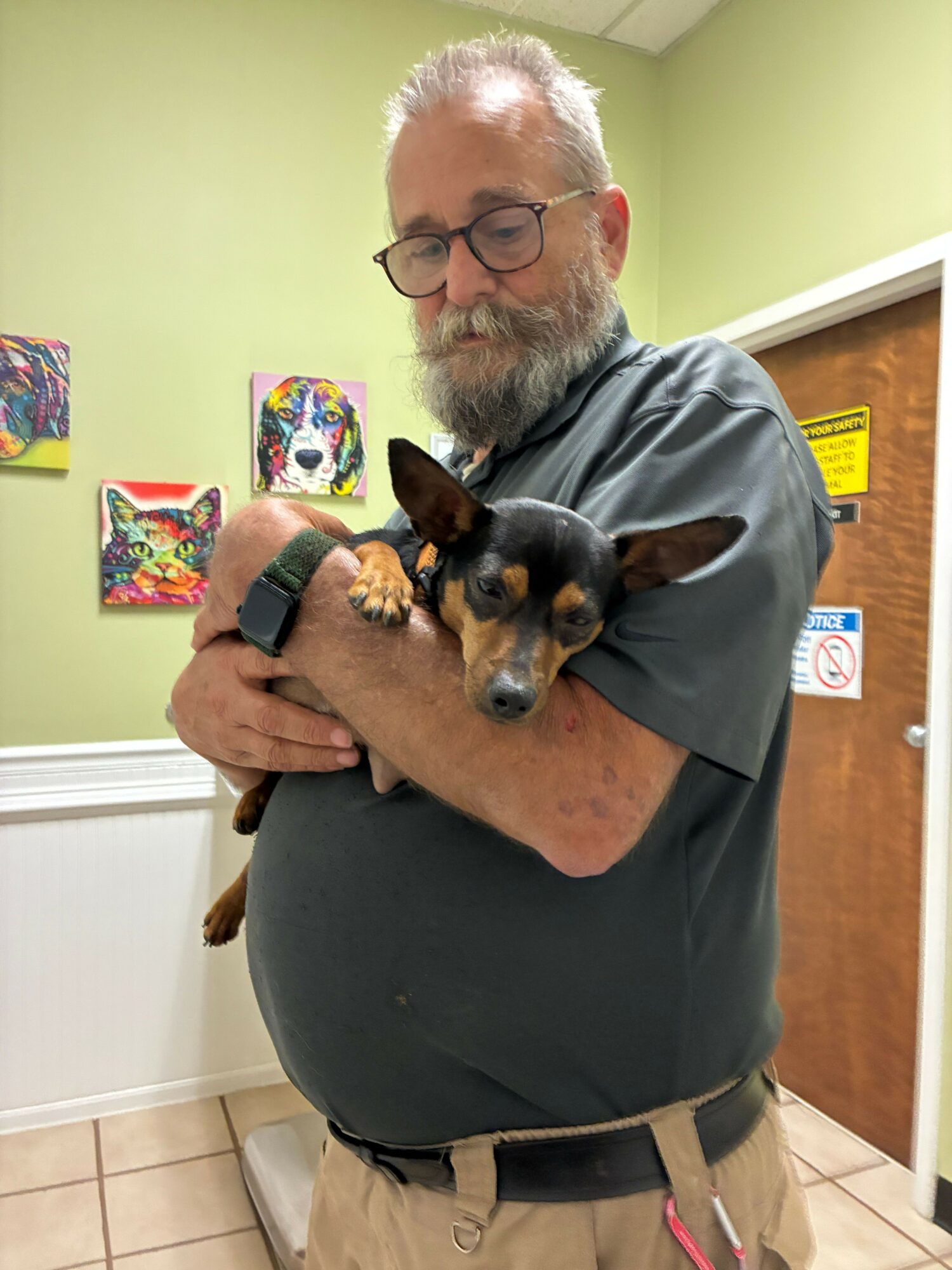 Elderly man with glasses holding a small black and brown dog indoors, with colorful artwork on the wall behind him.