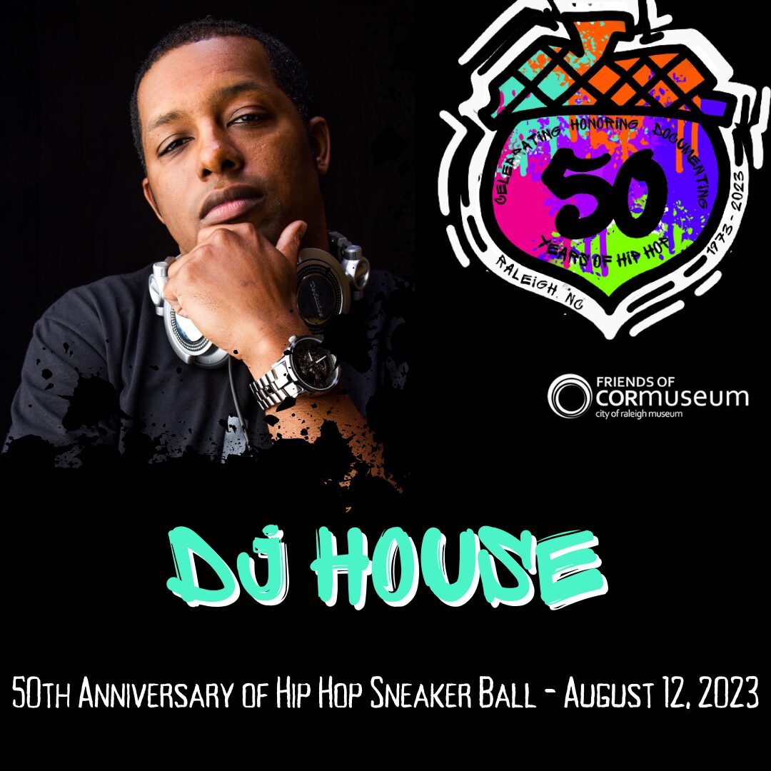 Portrait of a young man with headphones, wearing a black shirt, with a logo and text celebrating a hip hop event.