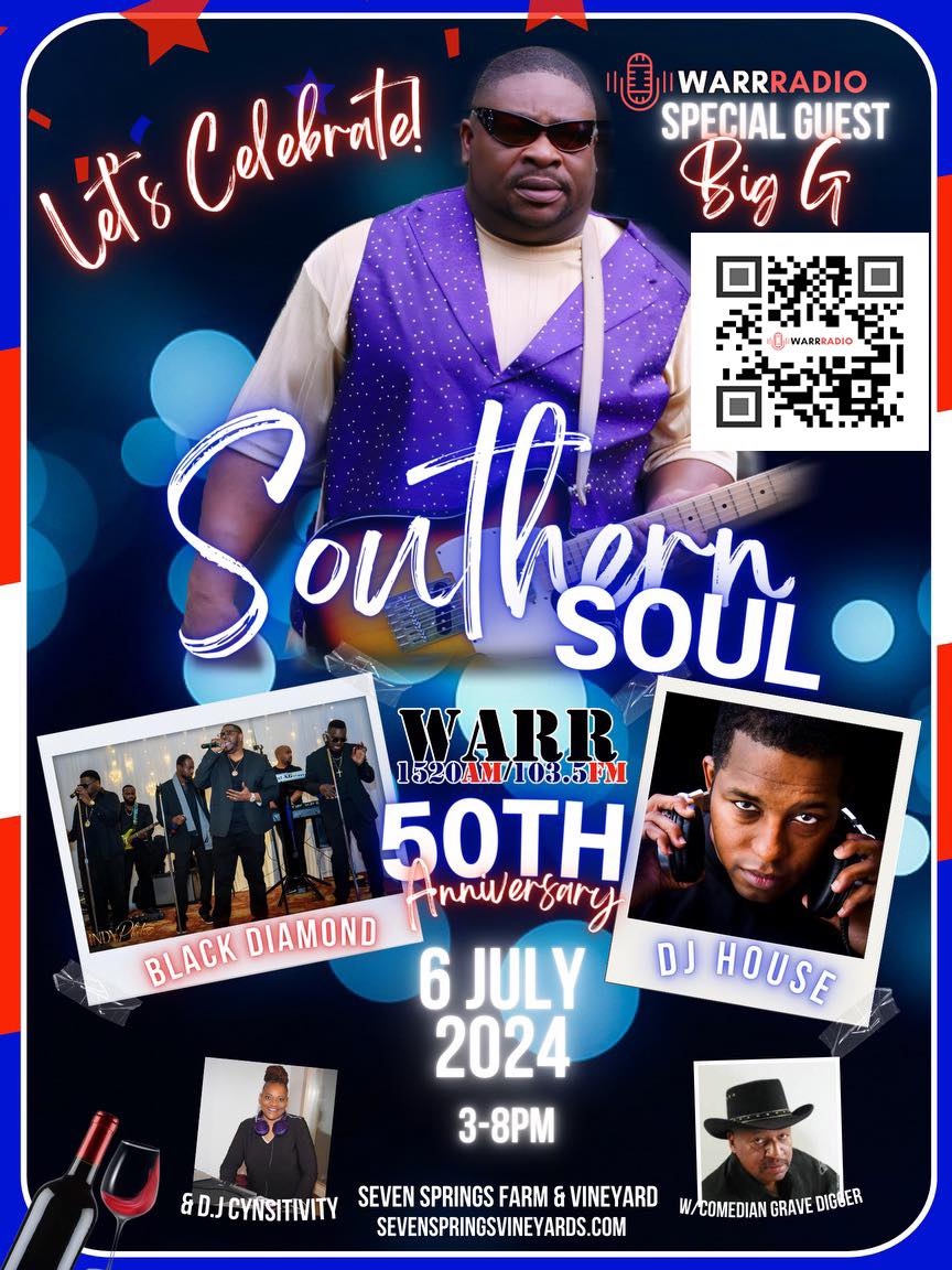Promotional poster for Southern Soul music event featuring Big G, DJ House, and others, scheduled for July 6, 2024.