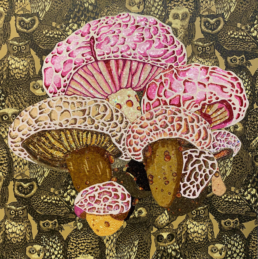 Colorful mushrooms with pink, beige, and brown caps and stems, surrounded by a patterned background of owls. Word count: 20