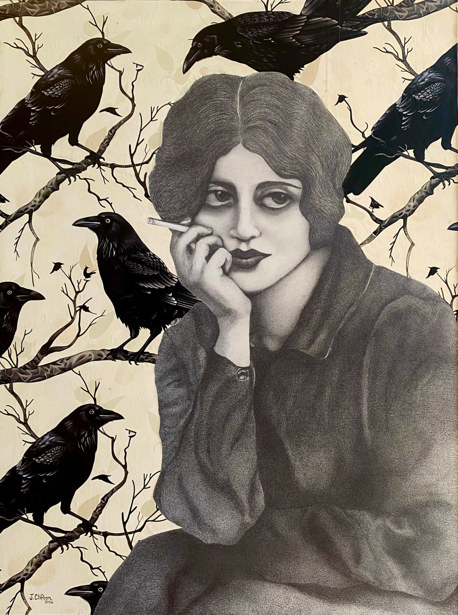 Black and white portrait of a woman with short hair, resting her chin on her hand, surrounded by black crows on branches.