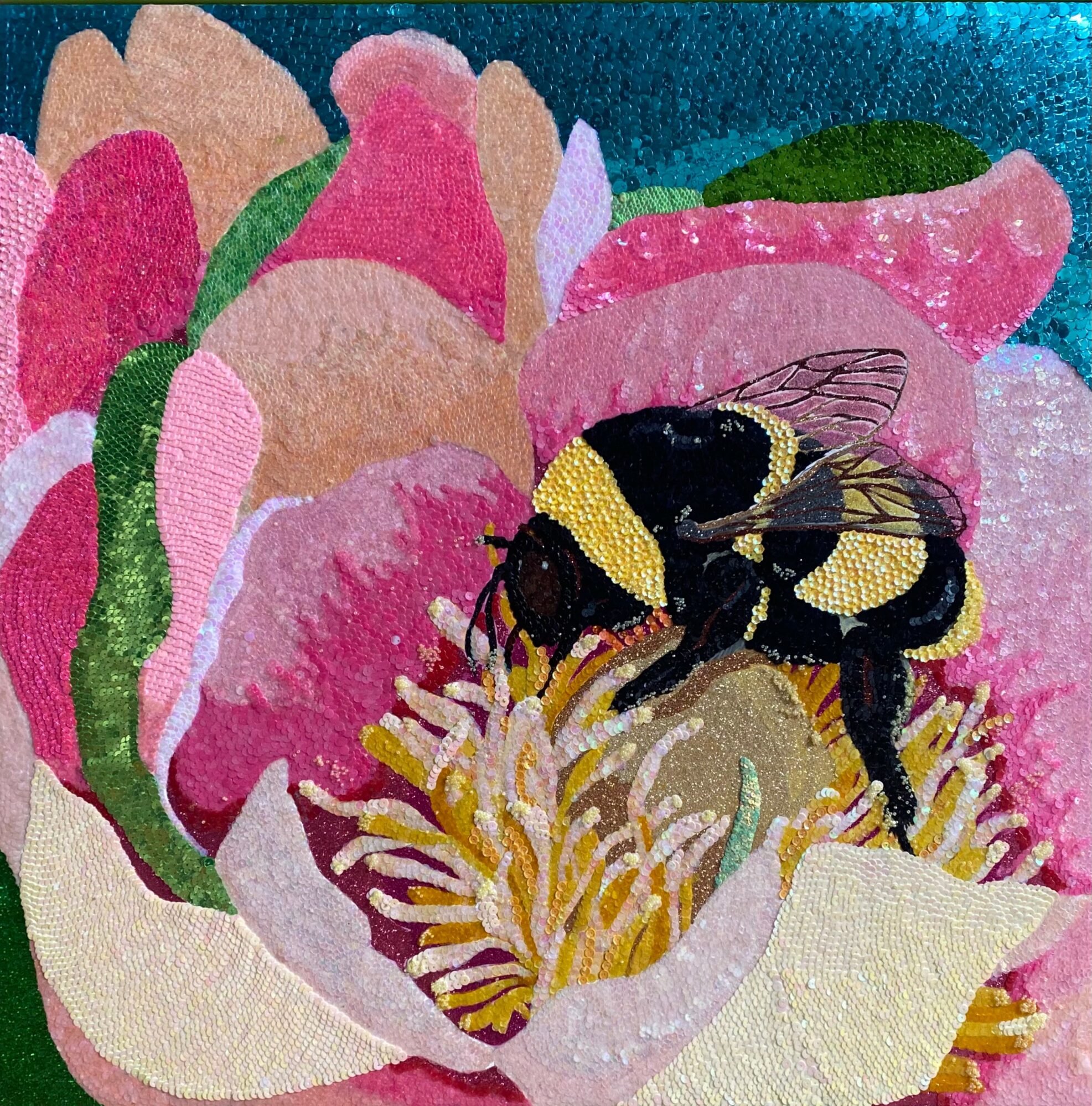 Bee on a flower with pink petals and yellow stamens, surrounded by green leaves, in a colorful scene.