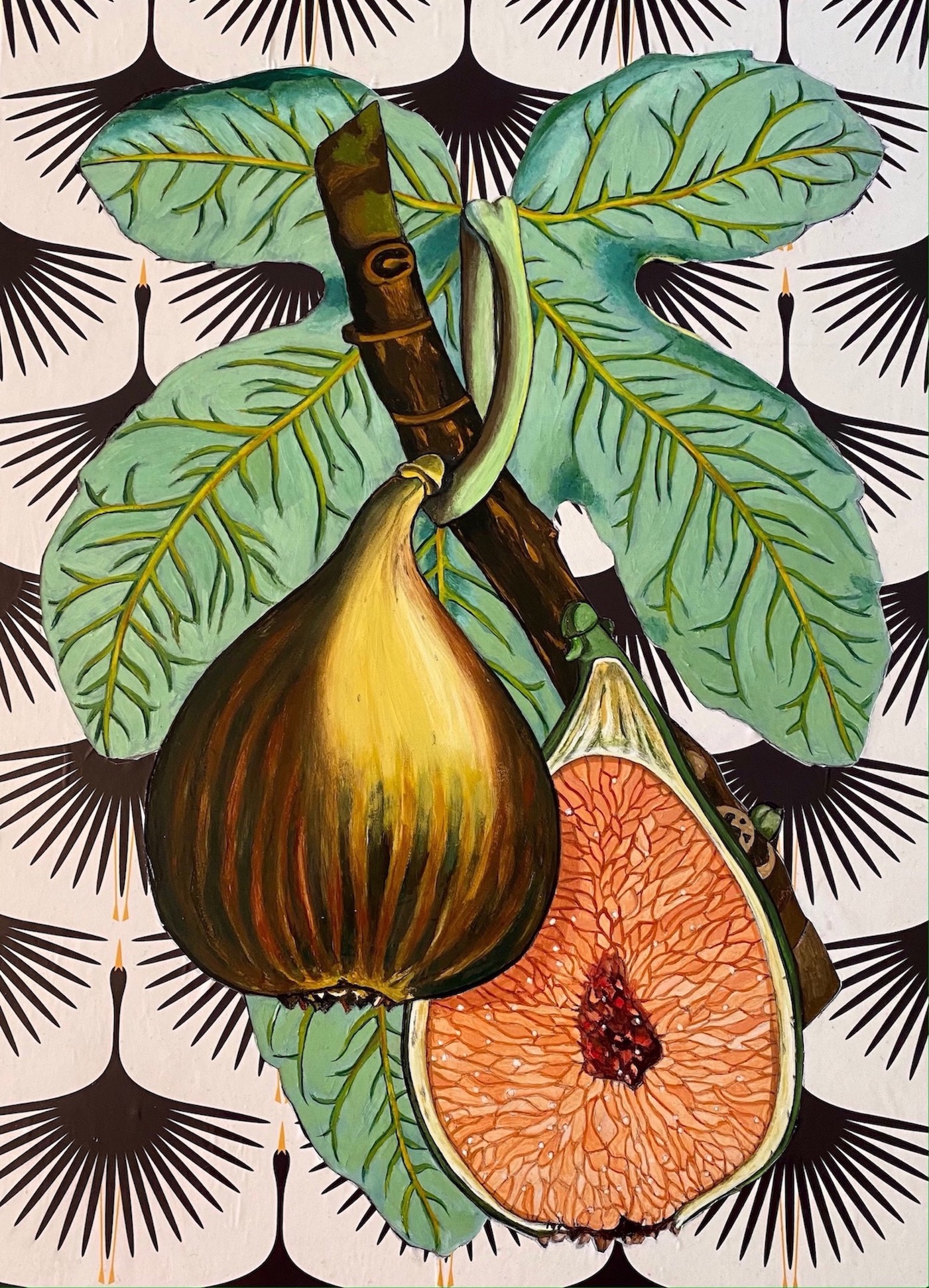 Illustration of a fig with leaves and a branch, set against a patterned background.