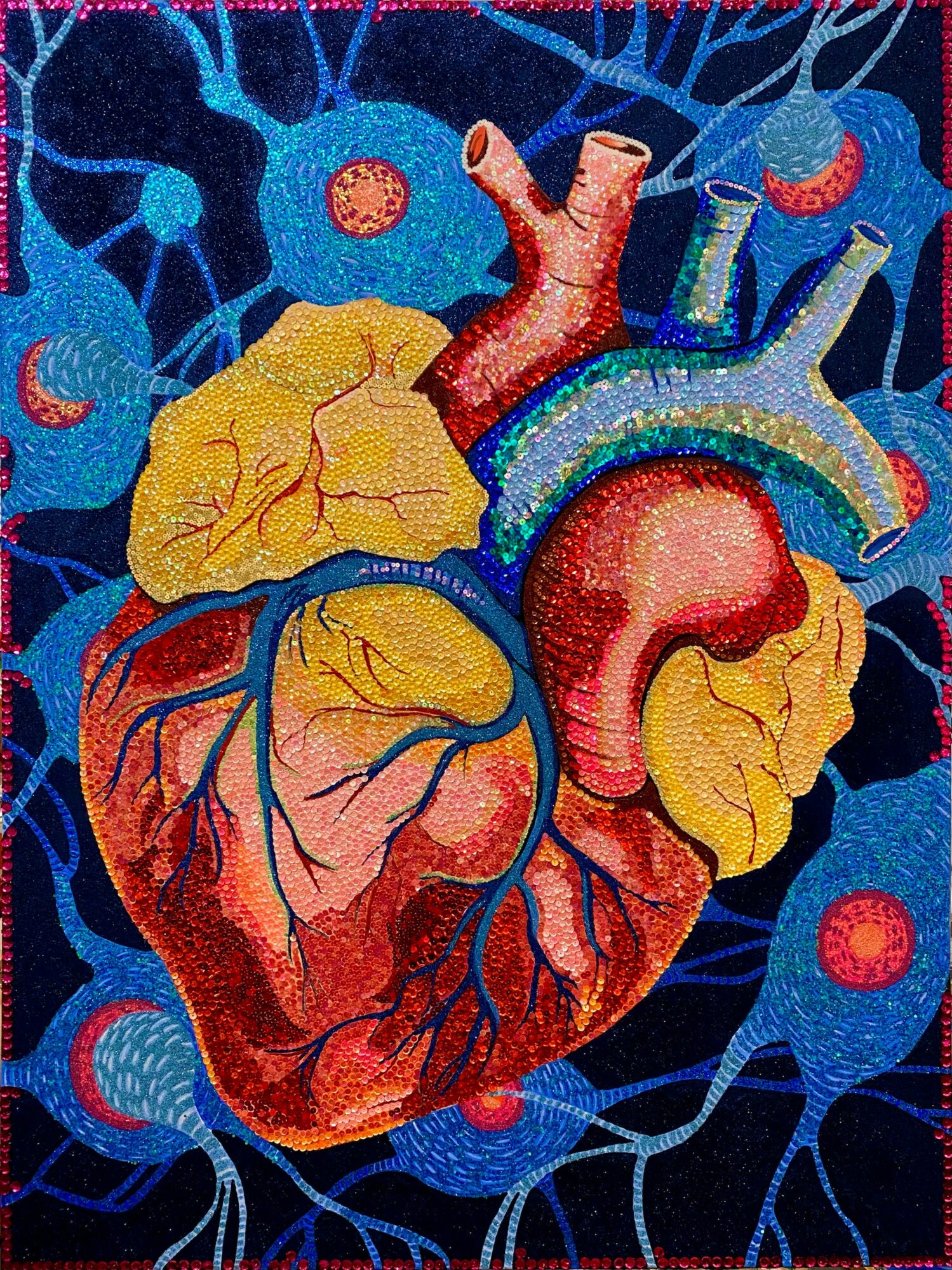 Colorful illustration of a human heart with arteries and veins, set against a blue background with abstract shapes.