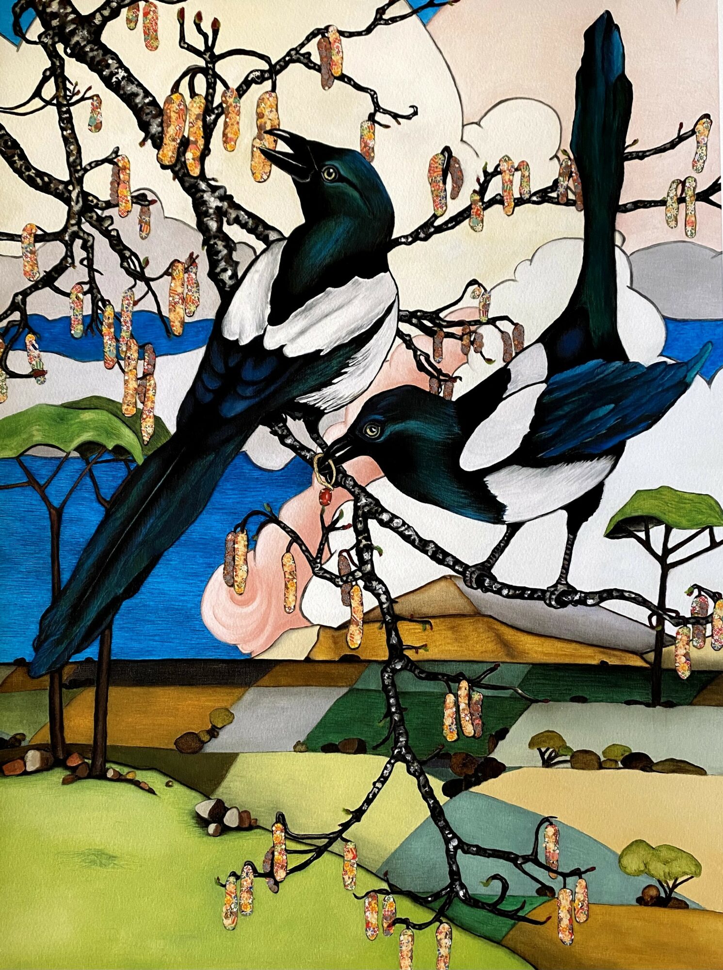 Two magpies perched on a tree branch with hanging objects, landscape background with mountains and fields, colorful and detailed.