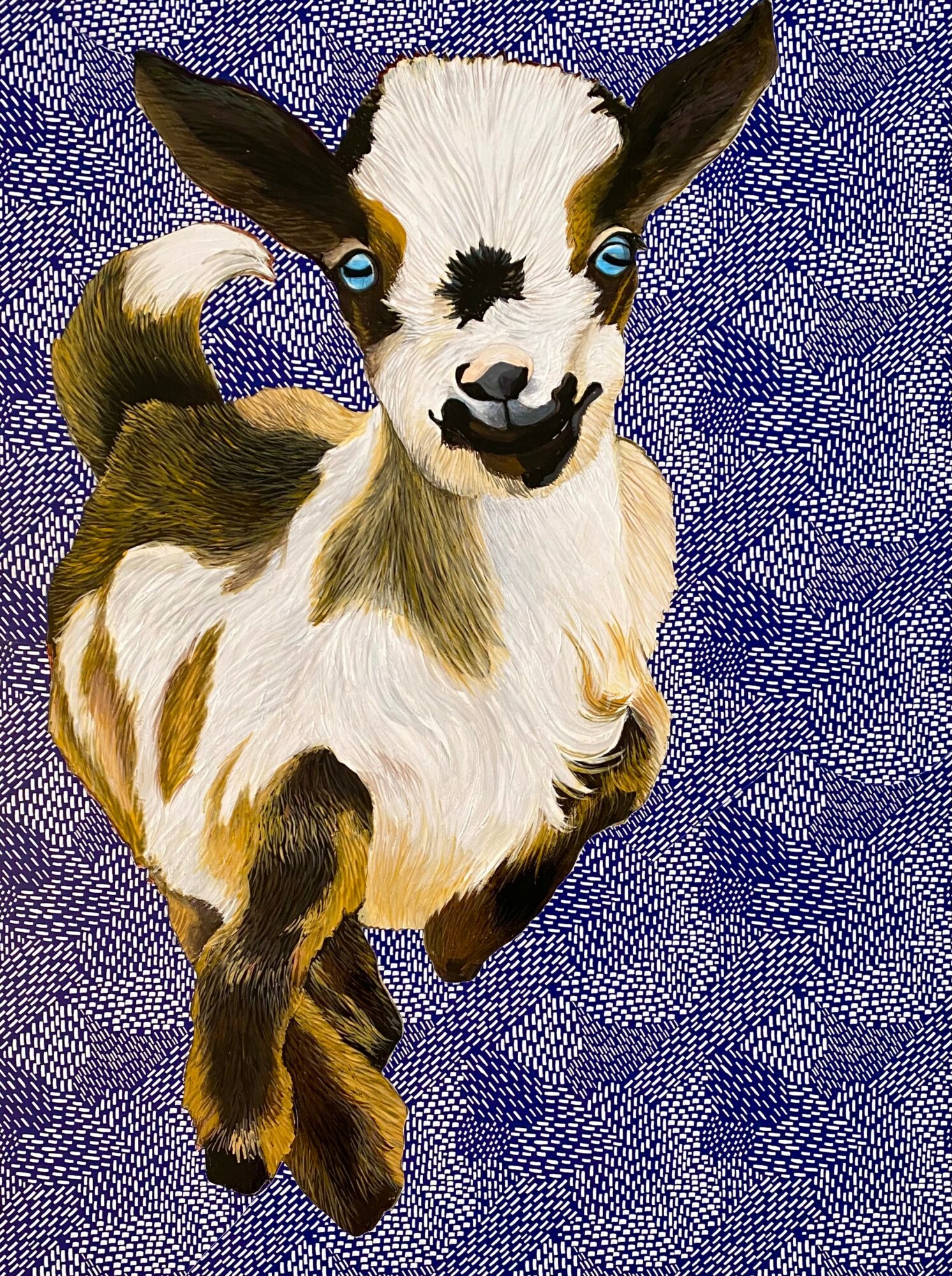 A playful goat with blue eyes and brown and white fur stands on a textured purple background.
