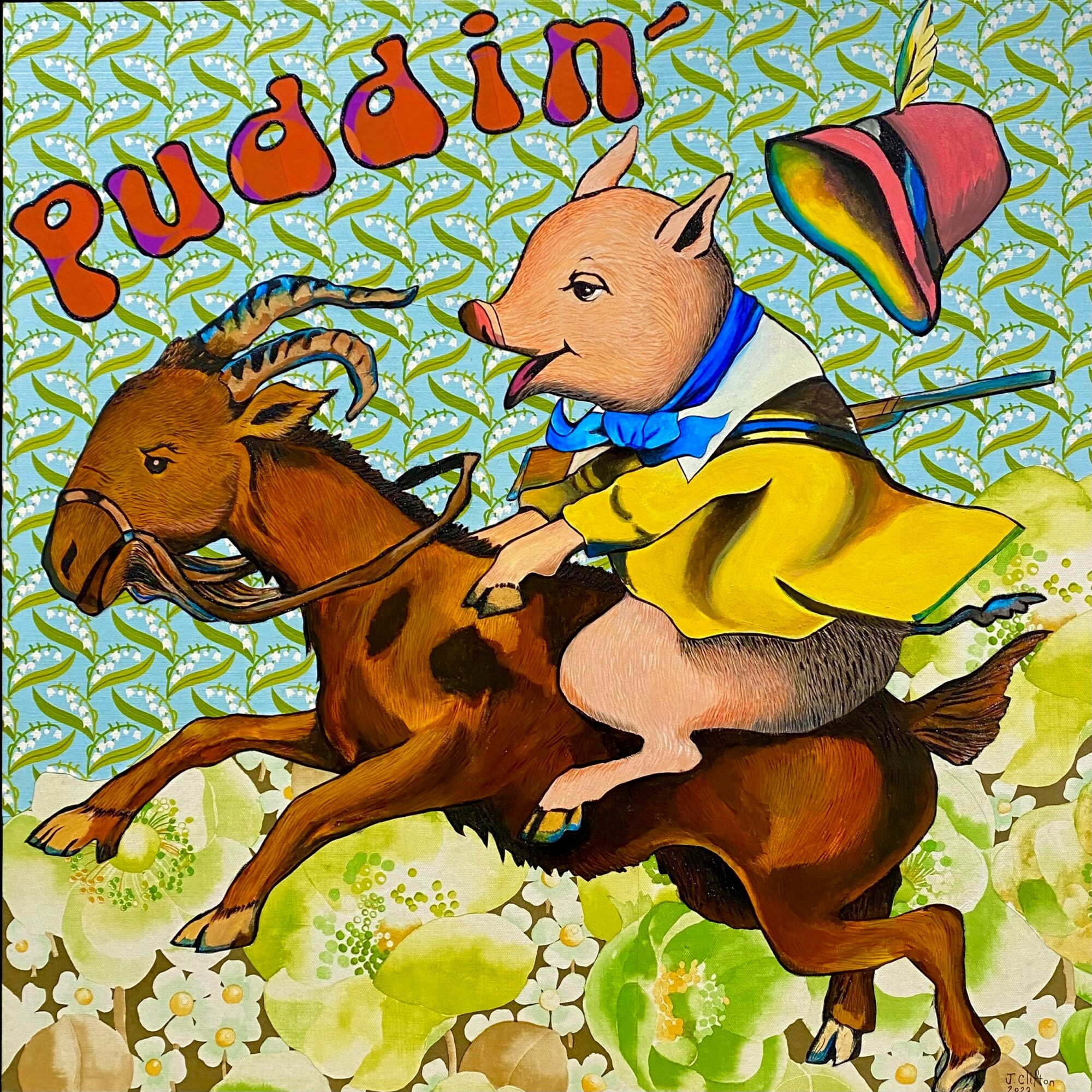 A cartoon pig riding a brown goat with a background of green leaves and white flowers, with the word 'pudding' at the top.
