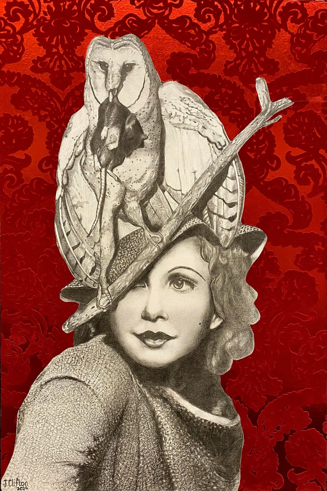 Woman with curly hair wearing a hat, with a bird perched on her head, against a red patterned background.