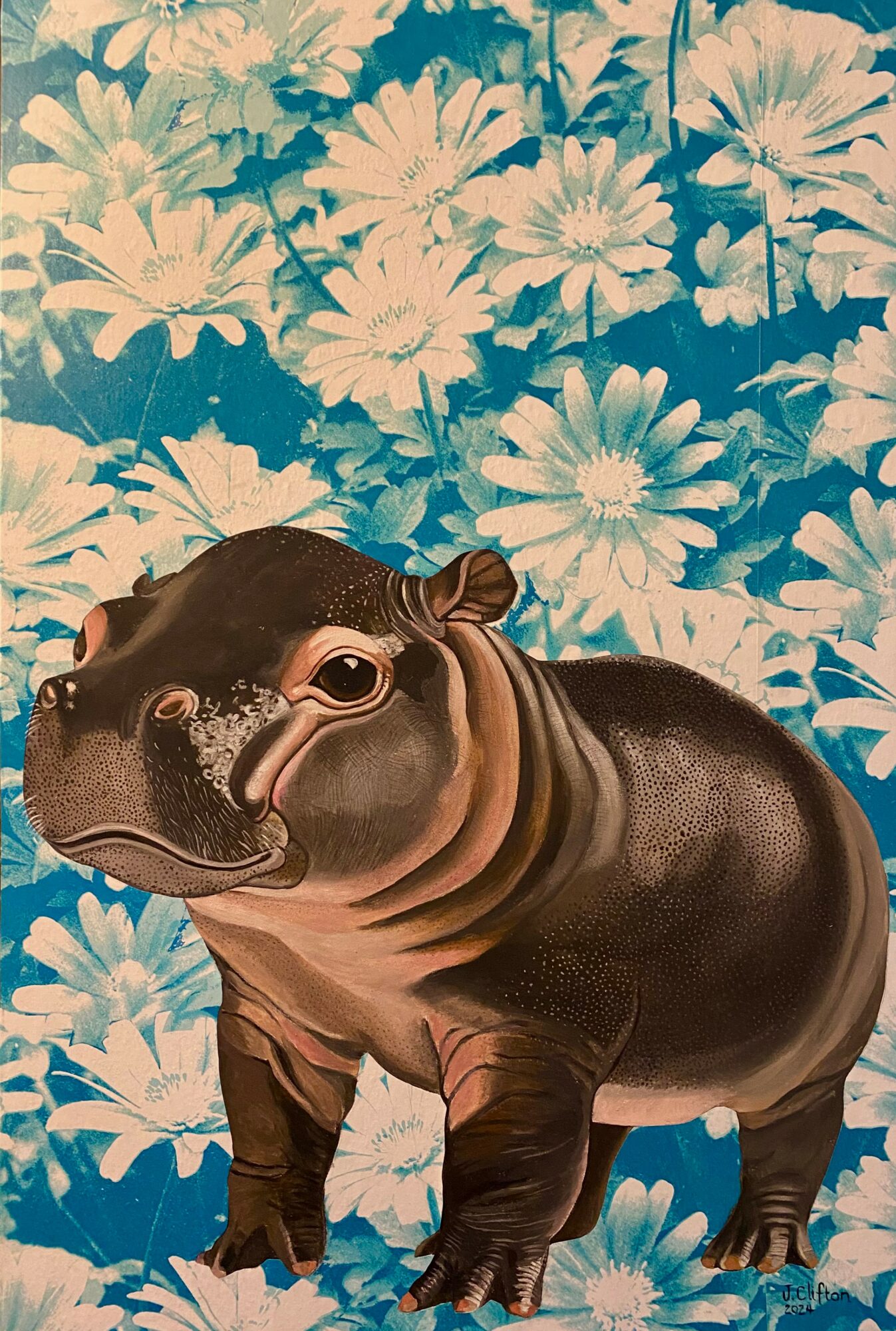 A digitally illustrated hippopotamus in front of a background of large blue and white flowers.