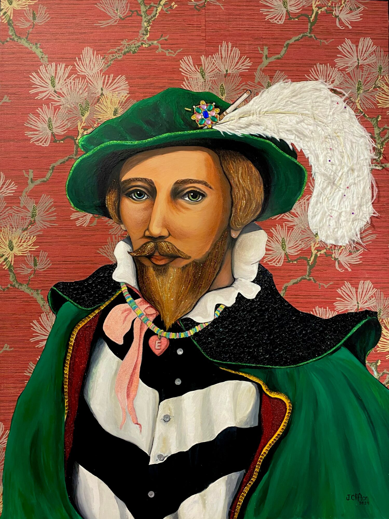 Portrait of a man with a beard wearing a green hat with a feather, a black and white striped shirt, and a green cloak, against a floral background.