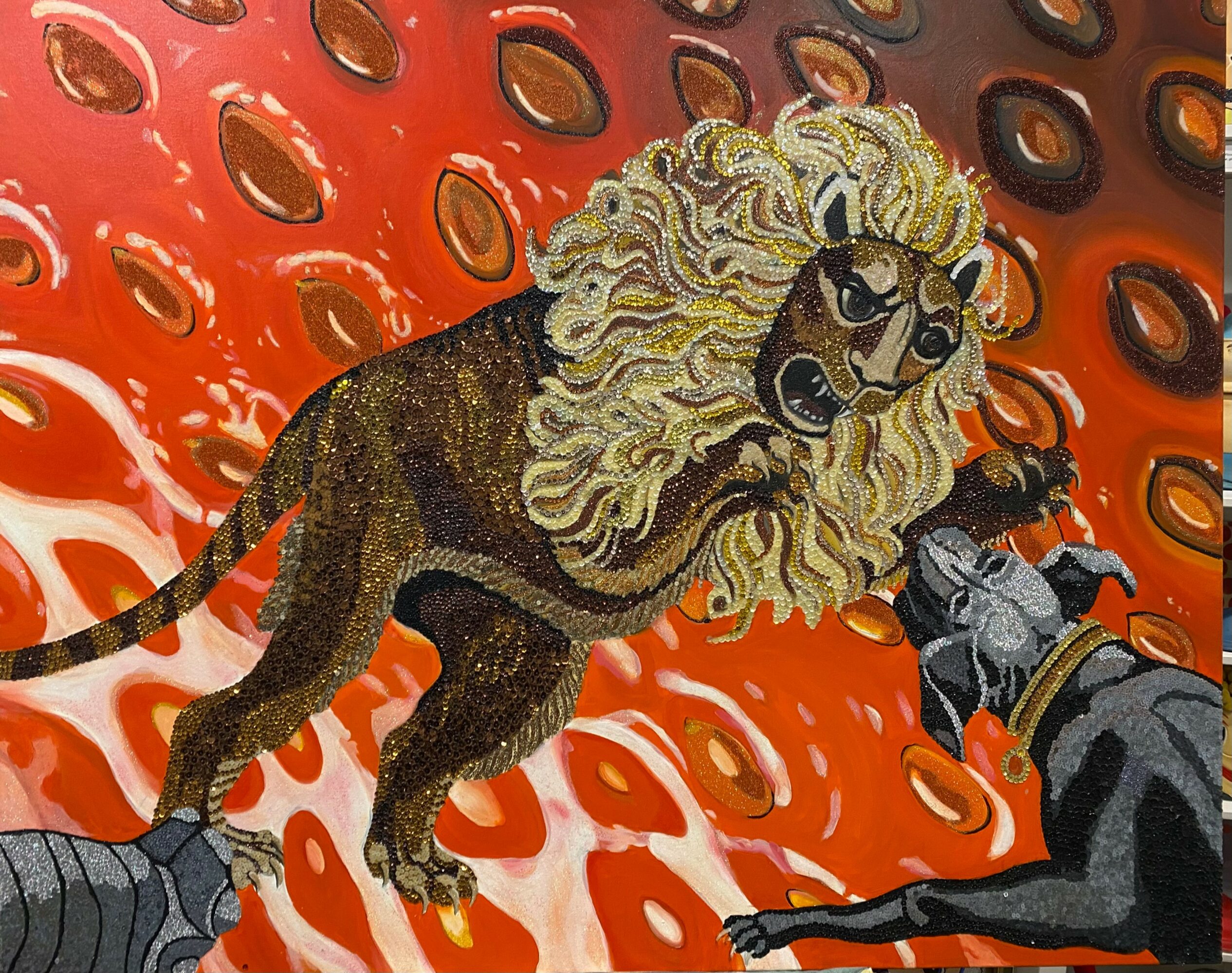 Lion with a mane facing a person holding a gun, set against a red background with abstract patterns.