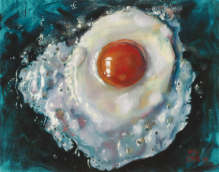 Painting of a fried egg with a bright orange yolk and white surrounding, on a dark background.