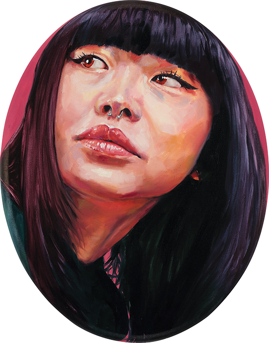 Portrait of a woman with long dark hair and bangs, looking to the side, with makeup and glossy lips.